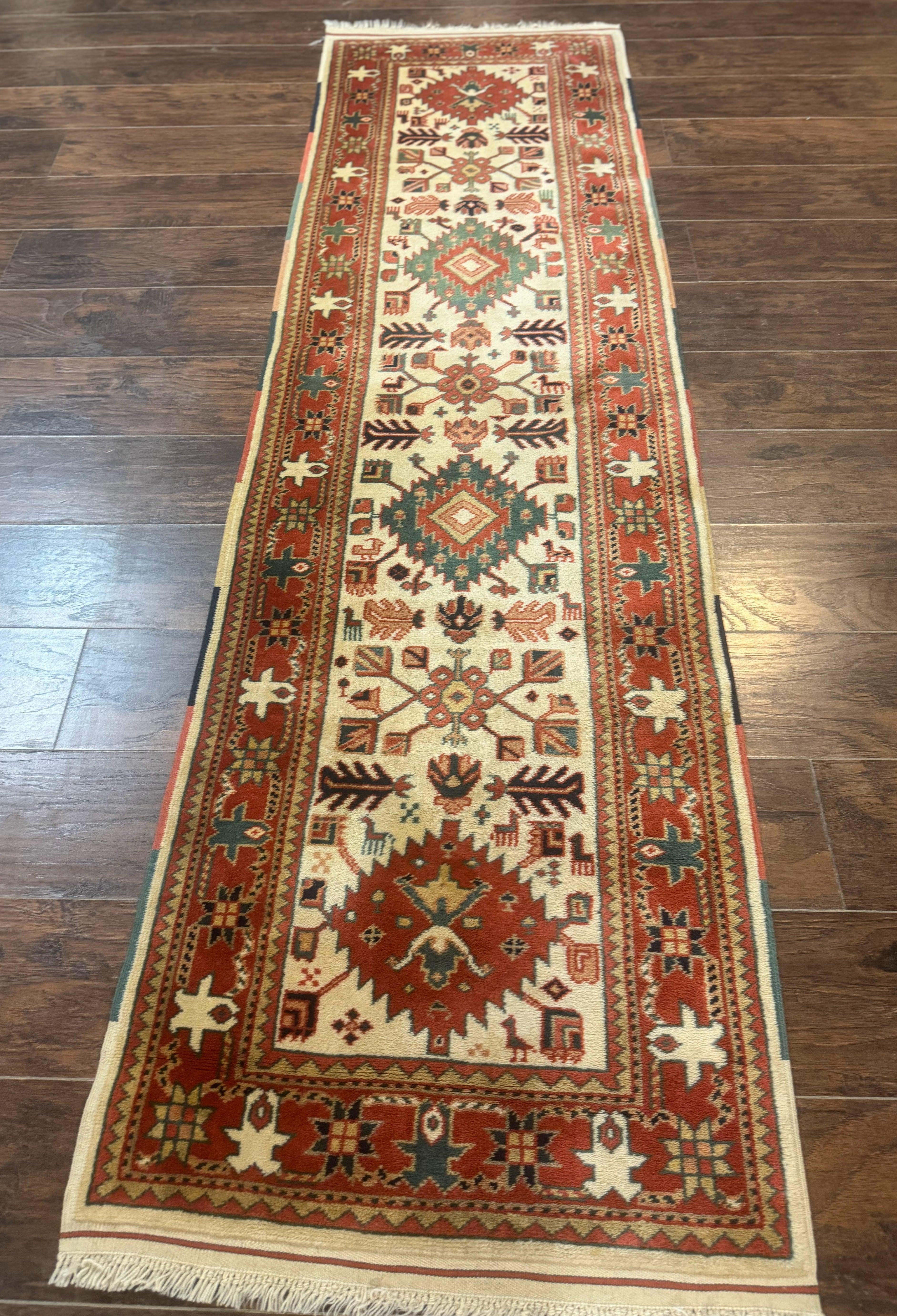 Turkish Runner Rug 2.4 x 8, Kazak Geometric Heriz Pattern, Beige Red