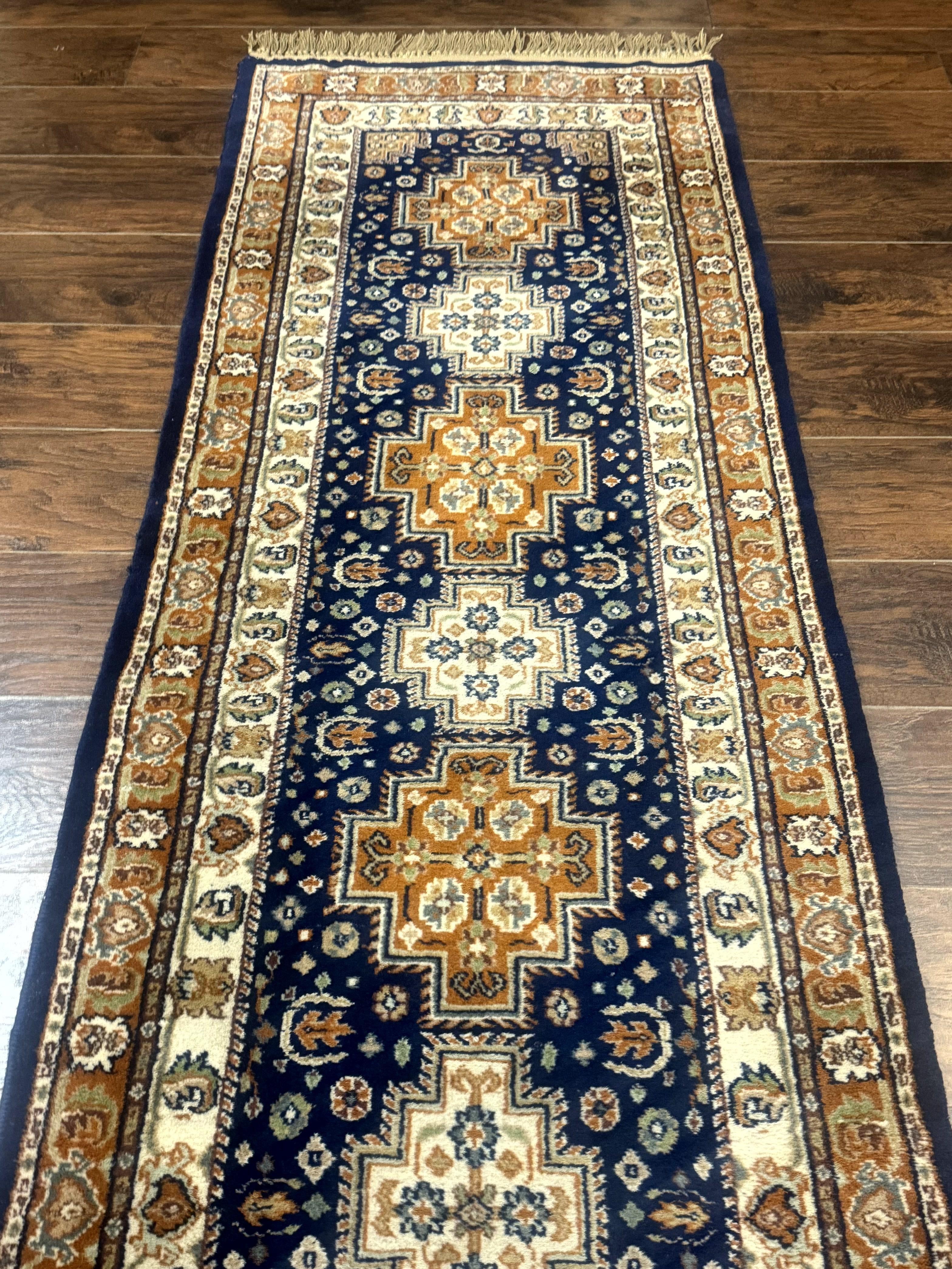 Indo Persian Runner Rug 2.6 x 12.7, Indian Kashmiri Runner for Hallway or Kitchen, Navy Blue, Geometric Medallions, Handmade Wool