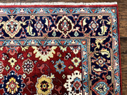 Indo Heriz Rug 8x10, Red and Navy Blue, Allover Pattern, Wool Handmade Carpet