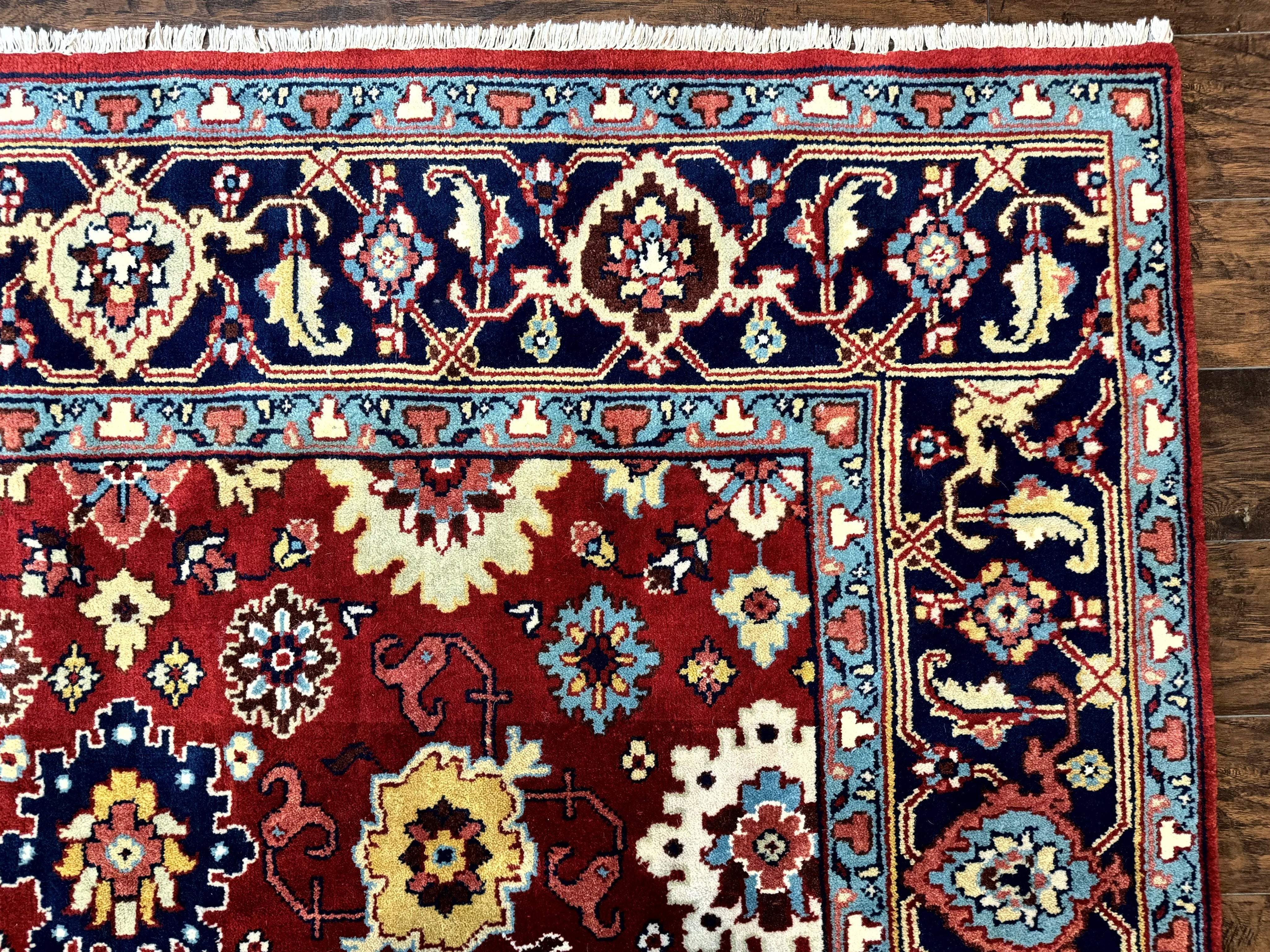 Indo Heriz Rug 8x10, Red and Navy Blue, Allover Pattern, Wool Handmade Carpet