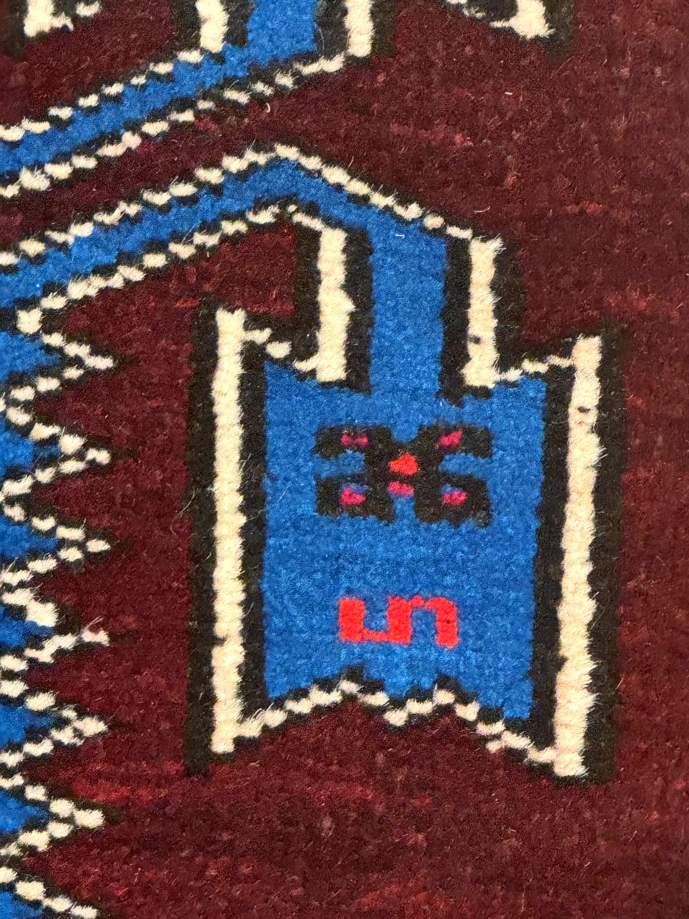 Persian Tribal Rug 1.8 x 2, Small Balouchi Rug, Unique Design, Burgundy and Blue