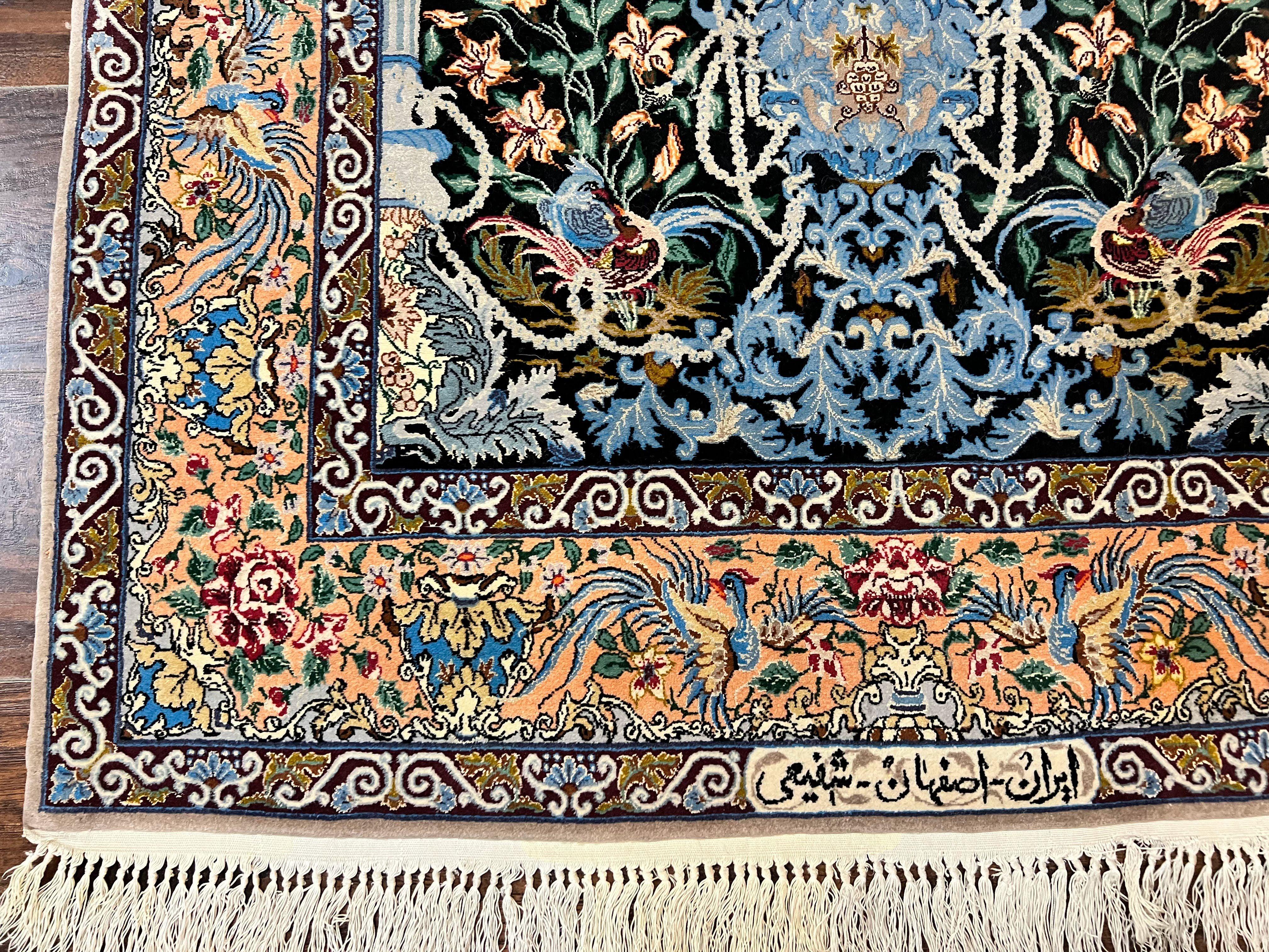 Wonderful Persian Isfahan Rug 3.7 x 5, Kork Wool on Silk Foundation, Very Fine 460 KPSI, Tree of Life Persian Vase Design Animal Pictorials Peacocks