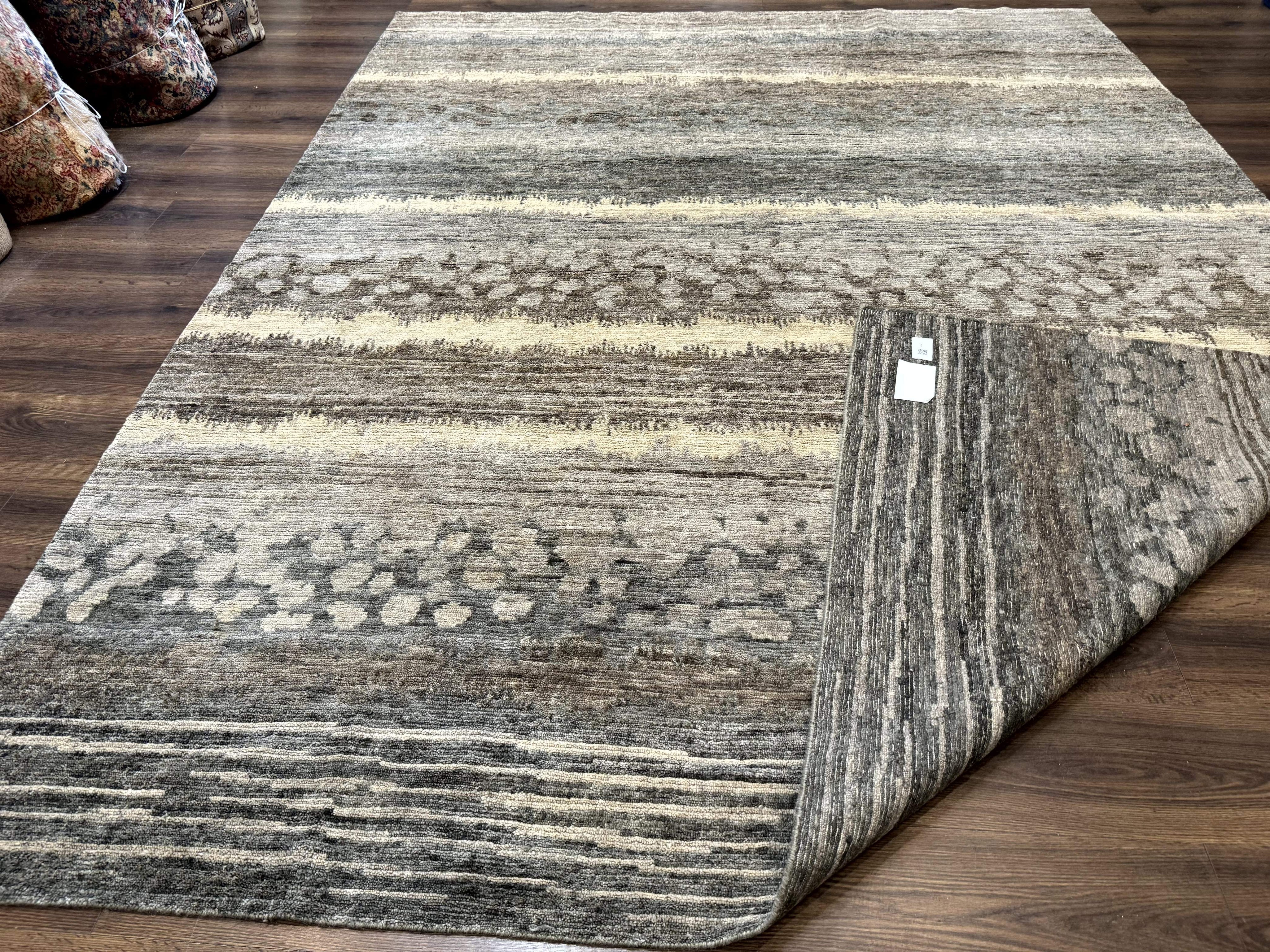 Modern Tibetan Wool Rug 8x10, Abstract, Contemporary, Handmade, Gray, Stripes