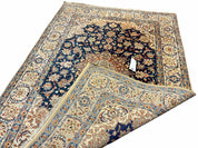 Persian Isfahan Rug 4x5, Navy Blue & Ivory, Wool and Silk Highlights