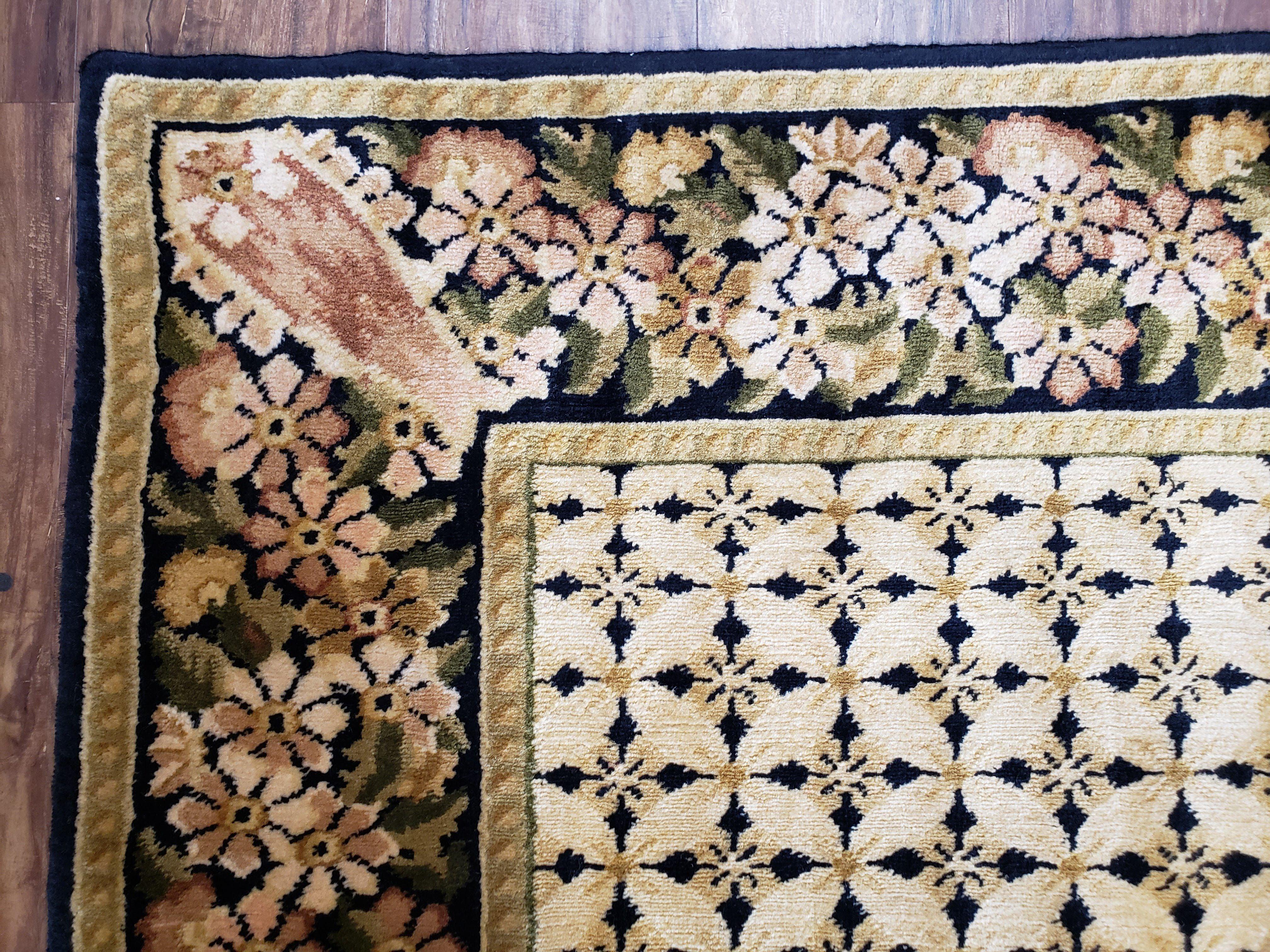 Indian Rug with Tibetan Weave, 6x8 - 6x9 Rugs, Indo-Tibetan Rug, Black and Cream Beige Tan, Floral Border, Soft Rug, Handmade Area Rug, Wool