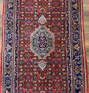 Indo Persian Bidjar Runner Rug 3 x 18.6, Red Navy Blue, Long Runner, Wool Oriental Carpet