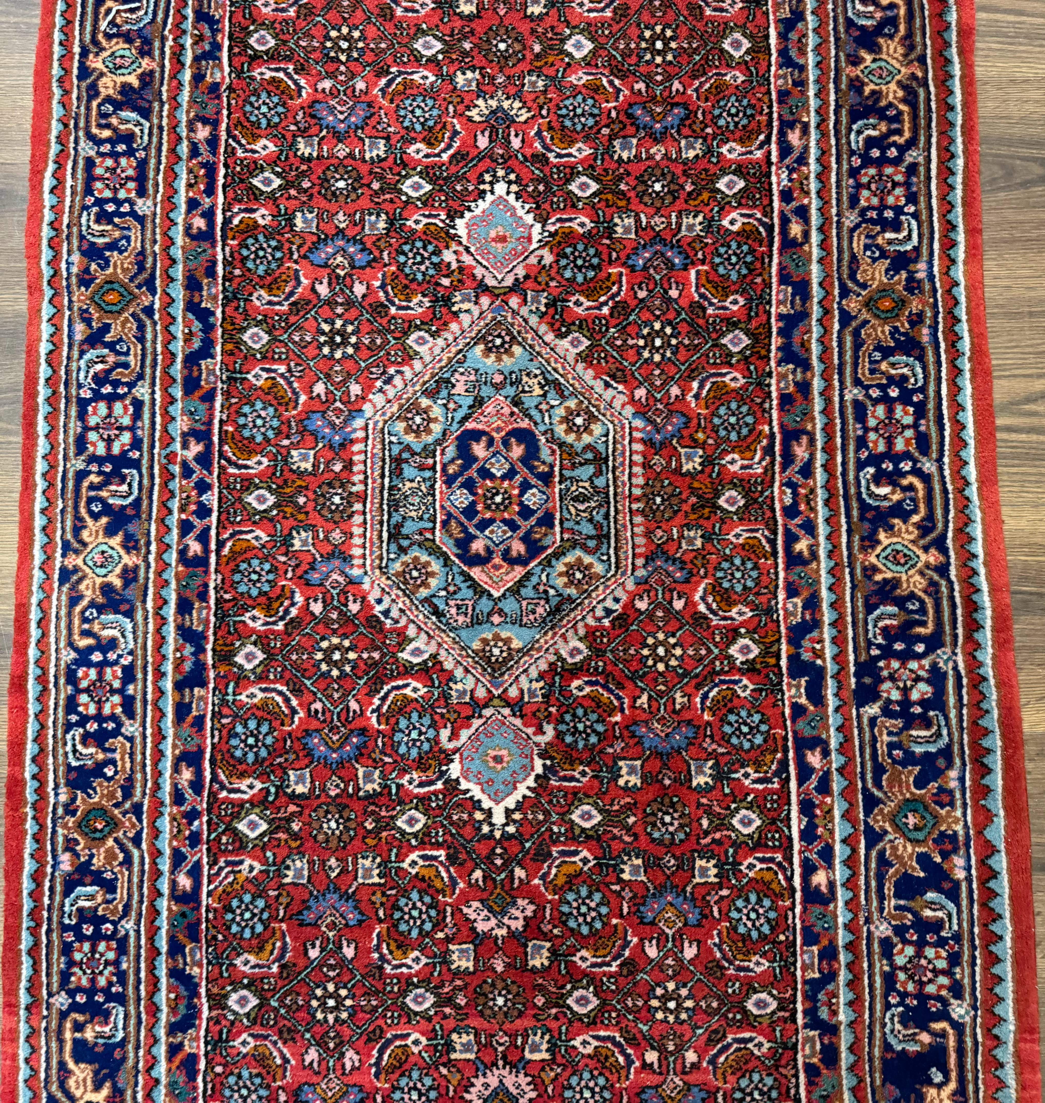 Indo Persian Bidjar Runner Rug 3 x 18.6, Red Navy Blue, Long Runner, Wool Oriental Carpet