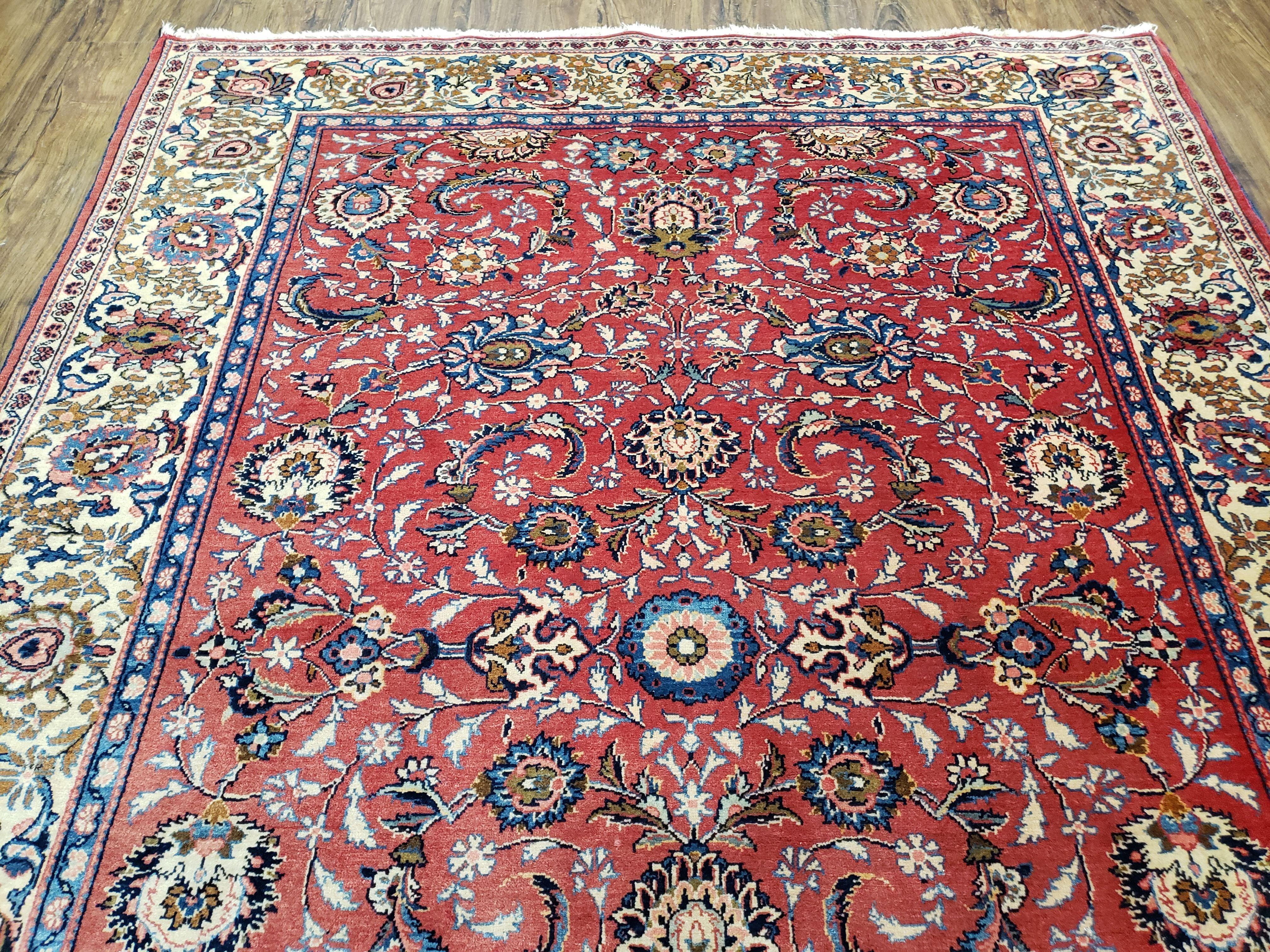 Semi Antique Persian Kashan, Red & Cream, Hand-Knotted, Wool, 4' 8" x 6' 6", Pair A