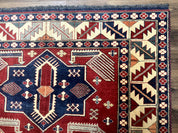 Turkish Kazak Rug 6x8, Caucasian Design, Geometric Medallions, Red Blue Beige