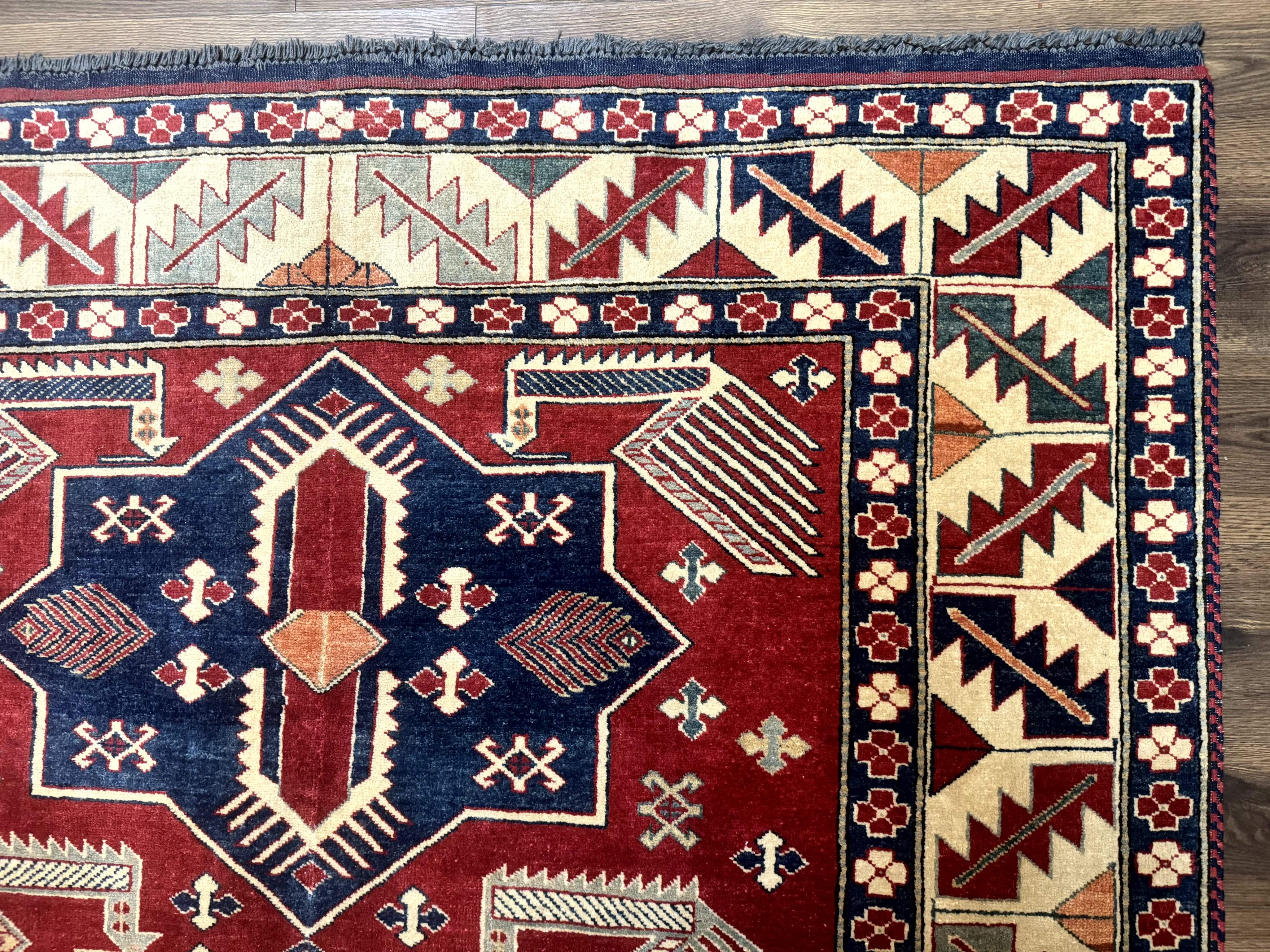Turkish Kazak Rug 6x8, Caucasian Design, Geometric Medallions, Red Blue Beige