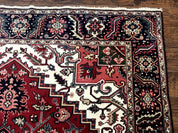 Indo Persian Heriz Rug 8x10, Geometric Medallion, Brick Red Ivory Navy Blue, Room Sized Heriz Carpet, Wool Rug