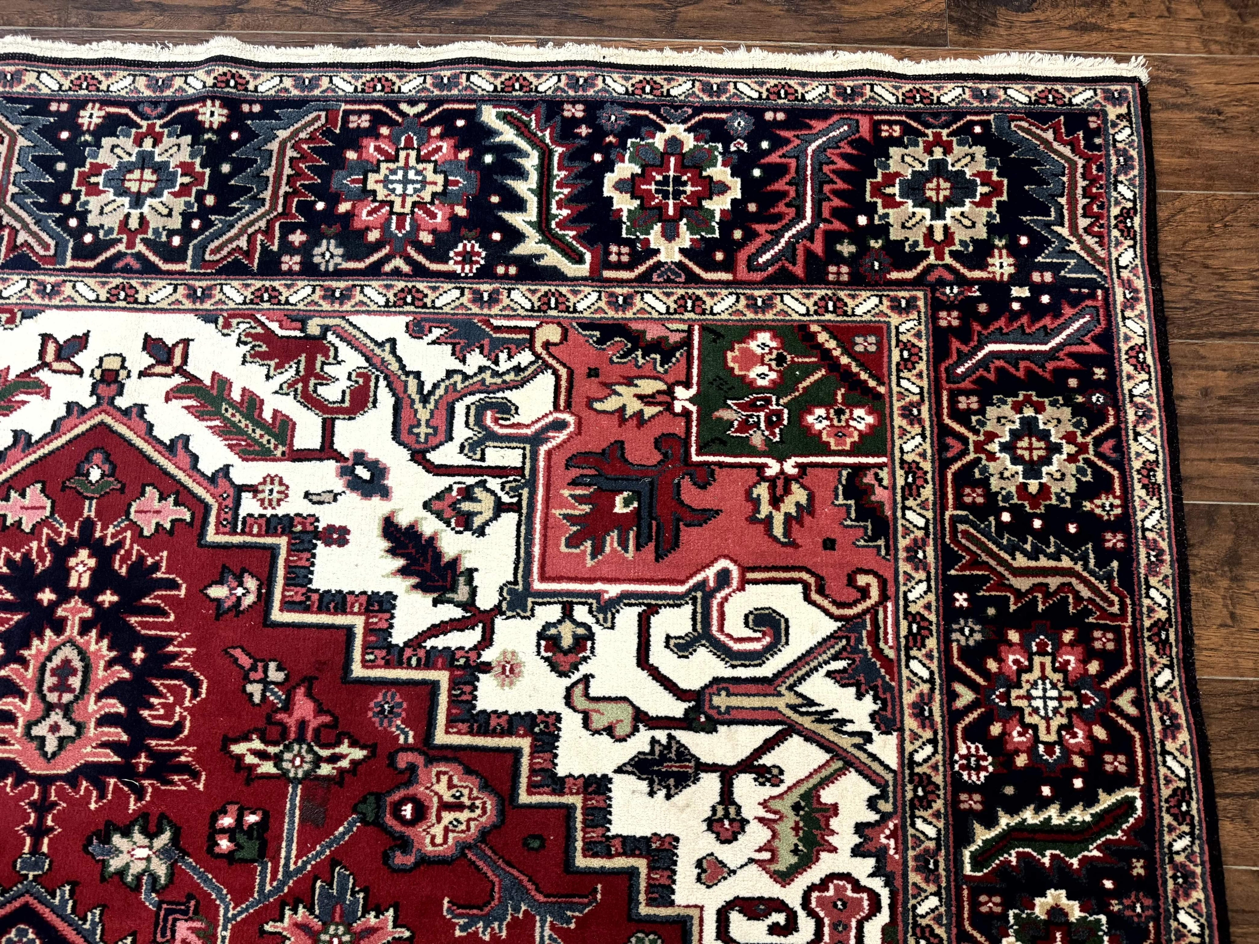 Indo Persian Heriz Rug 8x10, Geometric Medallion, Brick Red Ivory Navy Blue, Room Sized Heriz Carpet, Wool Rug