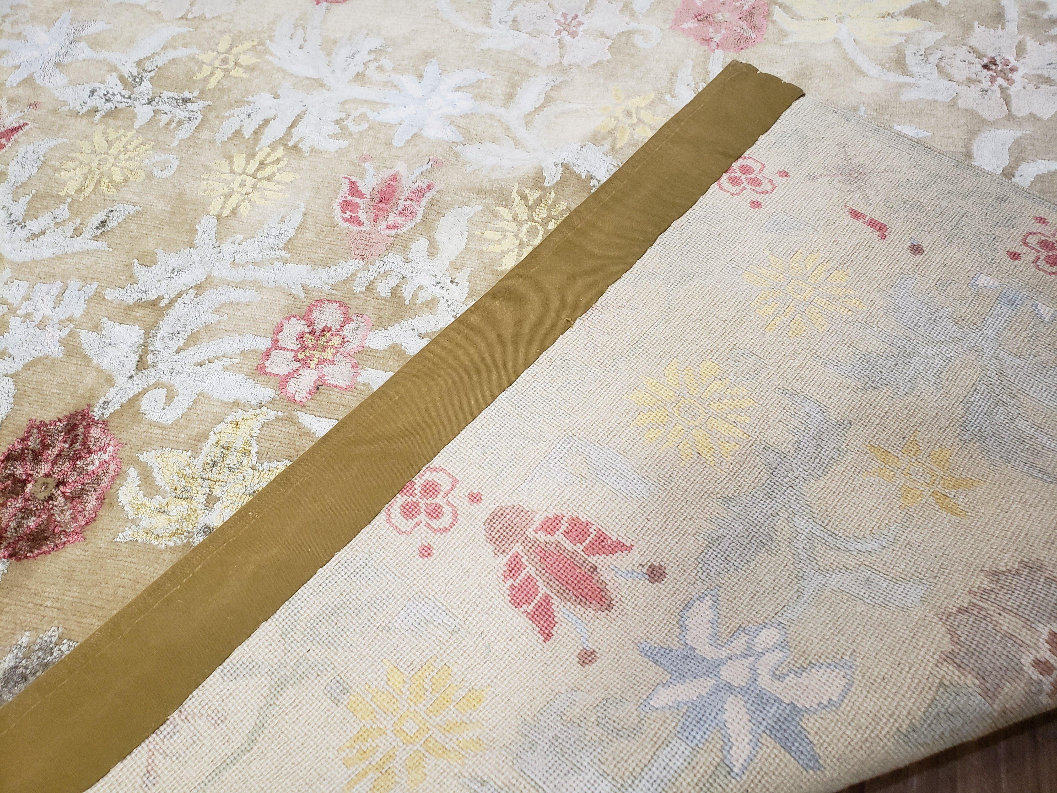 Modern Tibetan Rug 6x9, Wool and Silk Tibetan Rug, Handmade Tibetan Rug, Silk Flowers, Contemporary Rug, Soft Rug, Tibetan Area Rug, Tan