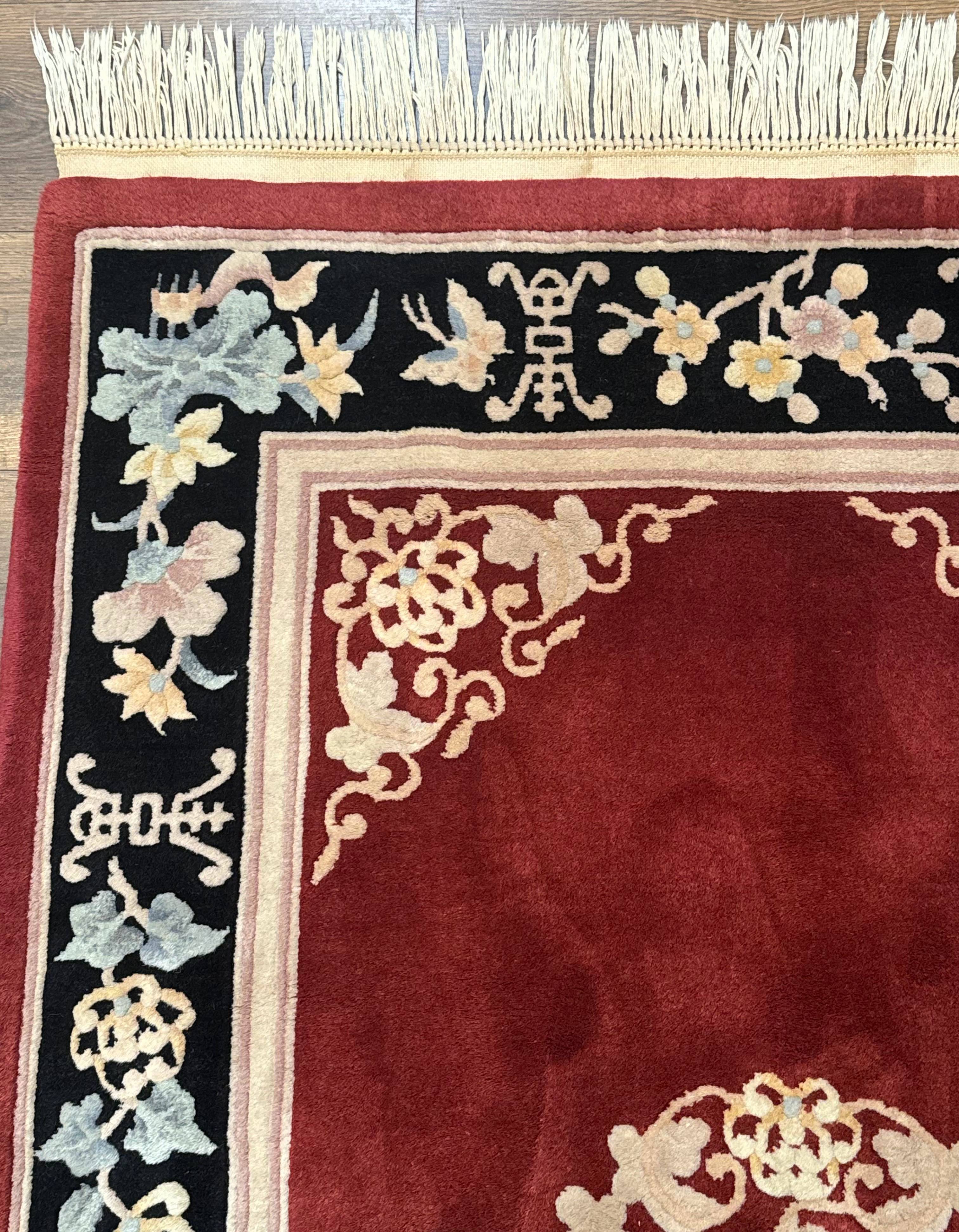 Chinese Wool Rug 4x6, Maroon and Black, Butterflies, Chinese Oriental Carpet, 90 Line Rug