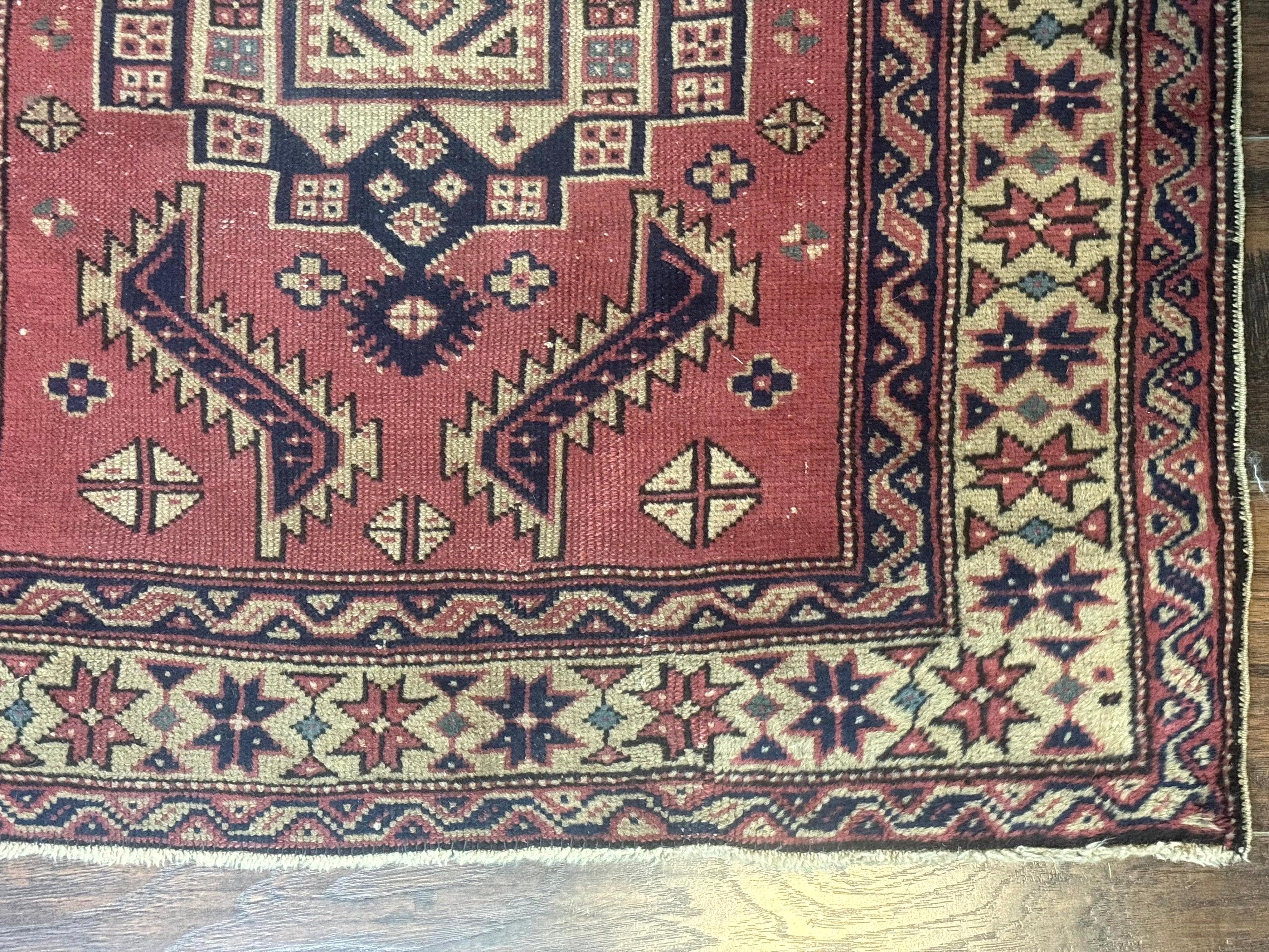 Antique Turkish Sparta Rug 3x6, Geometric Caucasian Kazak Pattern, Handmade