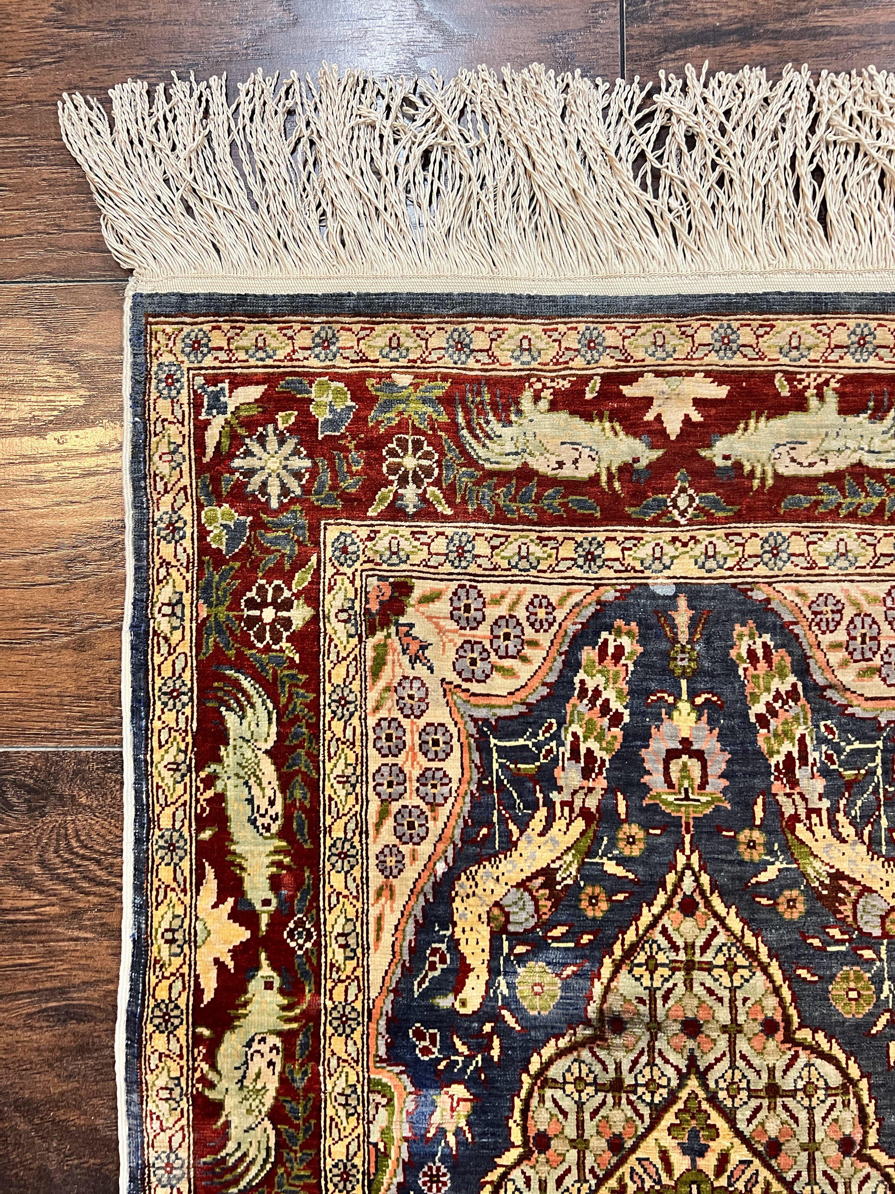 Silk Turkish Hereke Rug 2x3, Peacocks Birds, Signature from Master Weaver, Super Finely Hand Knotted 550 KPSI, Animal Pictorials