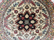 Silk Persian Tabriz Round Rug 3x3 ft, Very Fine Hand Knotted Carpet 380 KPSI, Cream & Gold, Bird Pictorials, Floral, Rare