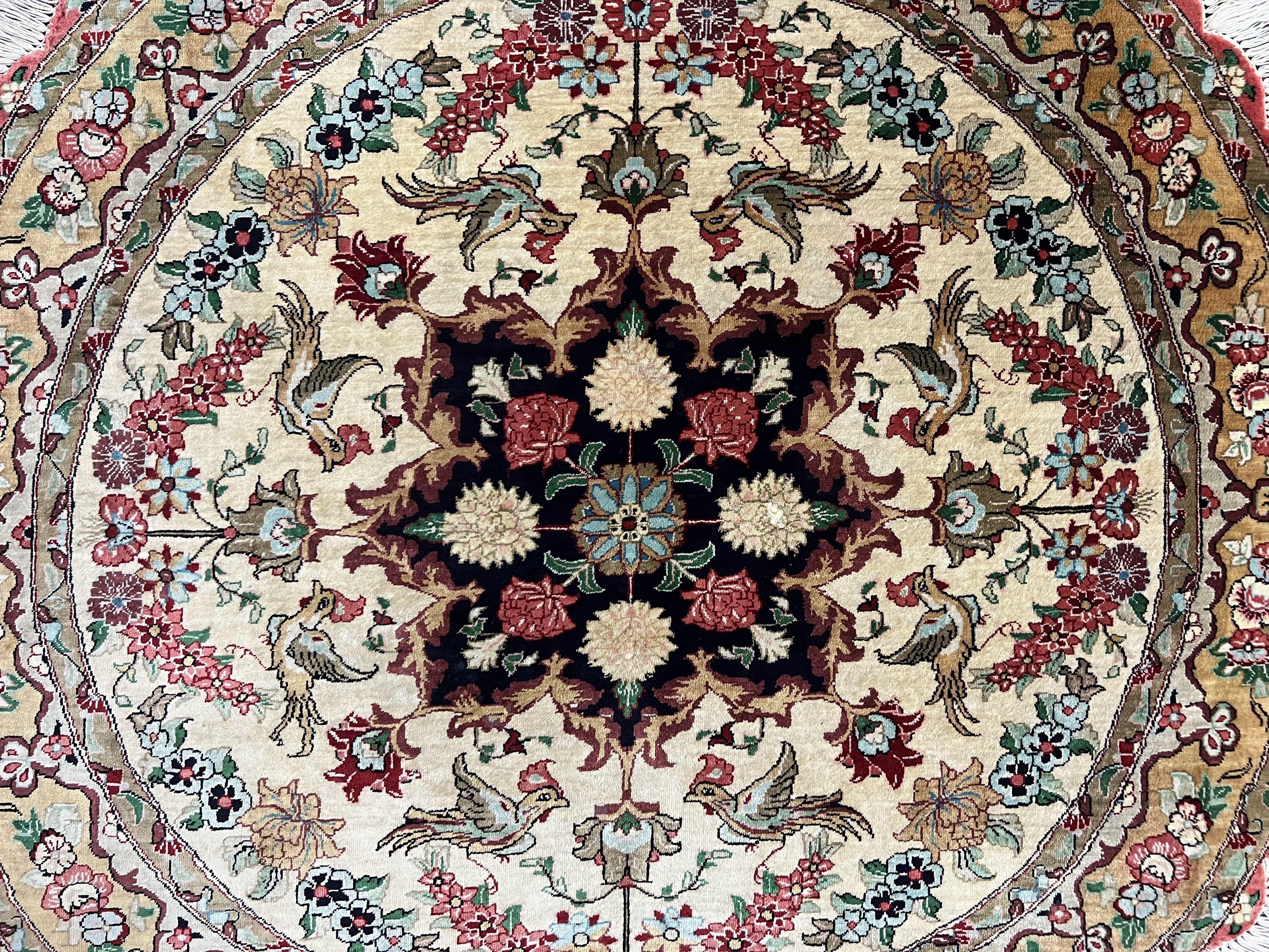 Silk Persian Tabriz Round Rug 3x3 ft, Very Fine Hand Knotted Carpet 380 KPSI, Cream & Gold, Bird Pictorials, Floral, Rare