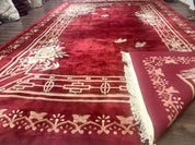Palace Size Chinese Wool Rug 12x18, Red Art Deco Chinese Carving Carpet, Butterflies Flowers