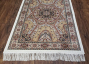 Persian Design Silk Accent Rug, Dome Medallion, Allover Pattern Oriental Carpet, Small Silk Rug, Cream, Ivory, Bamboo Silk, 2' 8" x 4' 1"