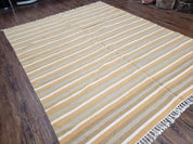 New Indian Kilim Area Rug, 6x8 - 7x8 South American Style Blanket, Striped Indian Wool Hand-Woven Flat Weave 6x9 Bedroom Rug, Ivory Ochre