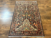 Persian Saoruk Rug 4x5, Navy Blue and Red, Floral, Antique Persian Wool Carpet, Handmade