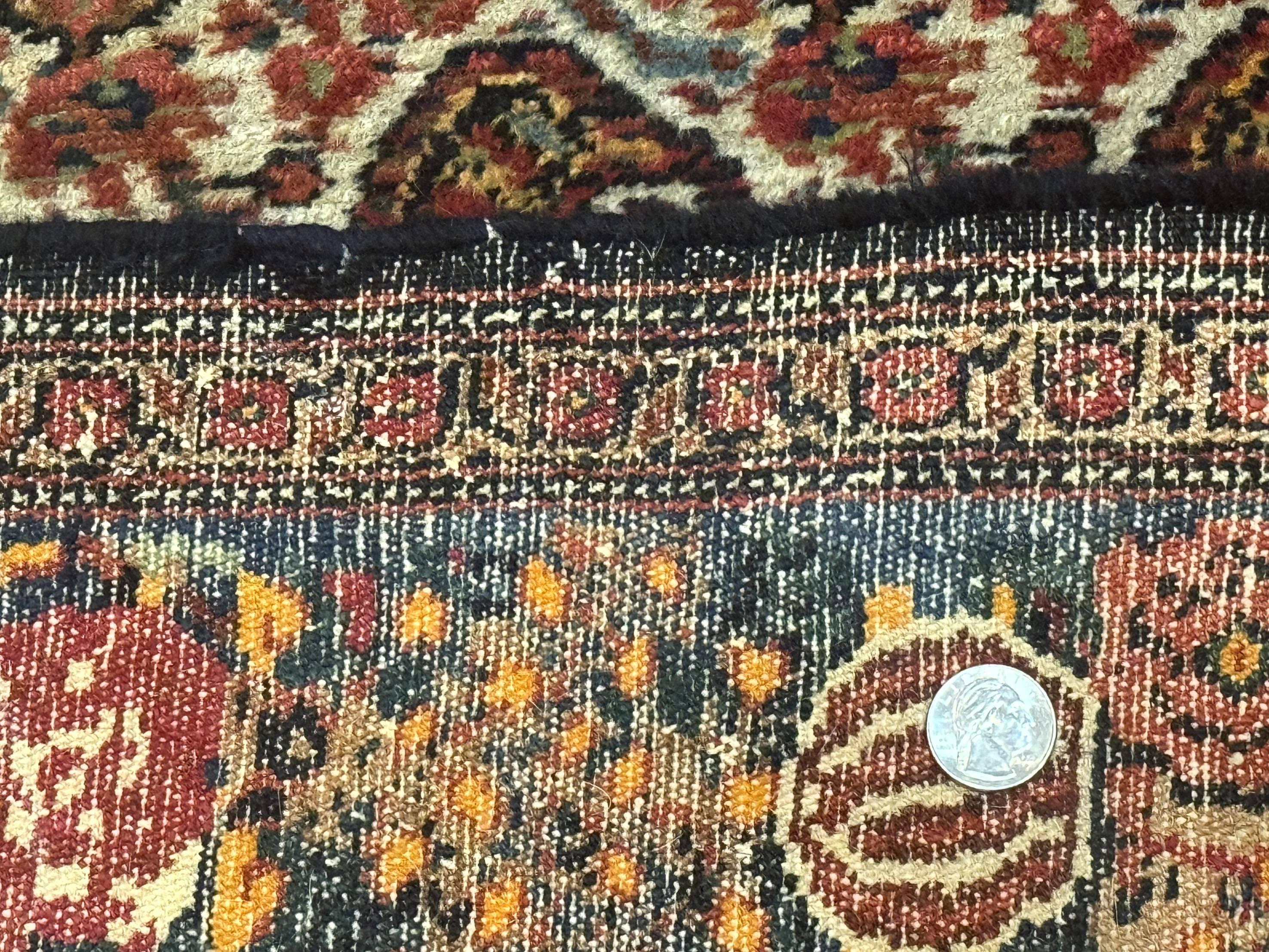 Antique Persian Kurdish Senneh Rug 4.6 x 6.5, Repeated Paisely Boteh Design, Handmade