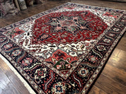 Indo Persian Heriz Rug 8x10, Geometric Medallion, Brick Red Ivory Navy Blue, Room Sized Heriz Carpet, Wool Rug
