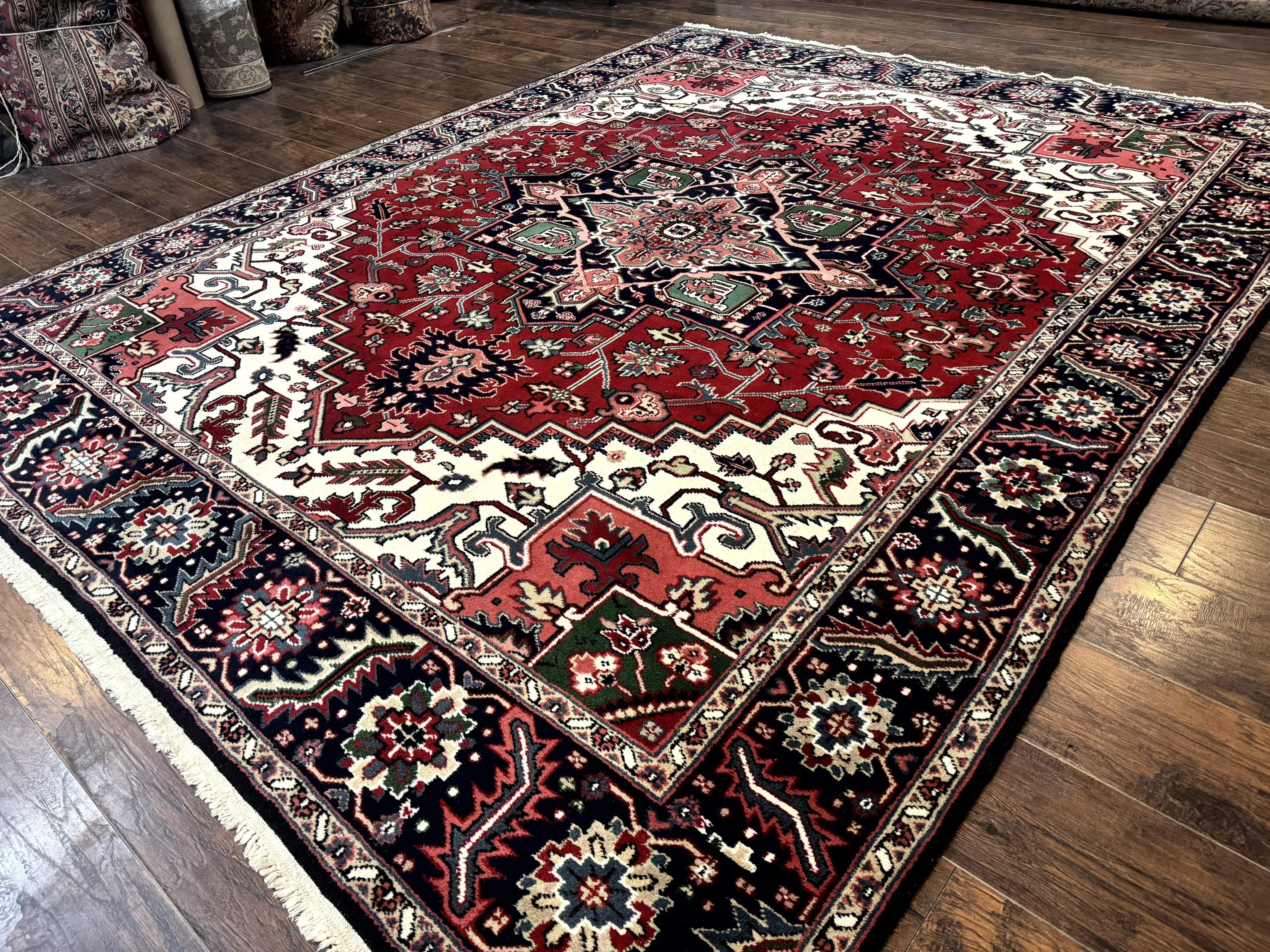 Indo Persian Heriz Rug 8x10, Geometric Medallion, Brick Red Ivory Navy Blue, Room Sized Heriz Carpet, Wool Rug