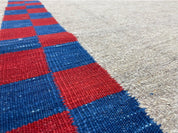 5' 7" x 7' 9" Geometric Kilim Carpet, Gray, Handmade, Hand-Knotted Area Rug, Blue & Red, Flatweave, Wool, New, Checkerboard Pattern