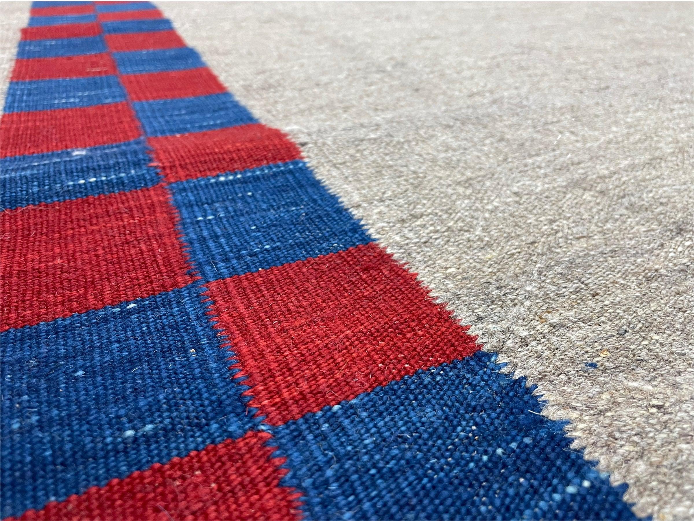 5' 7" x 7' 9" Geometric Kilim Carpet, Gray, Handmade, Hand-Knotted Area Rug, Blue & Red, Flatweave, Wool, New, Checkerboard Pattern