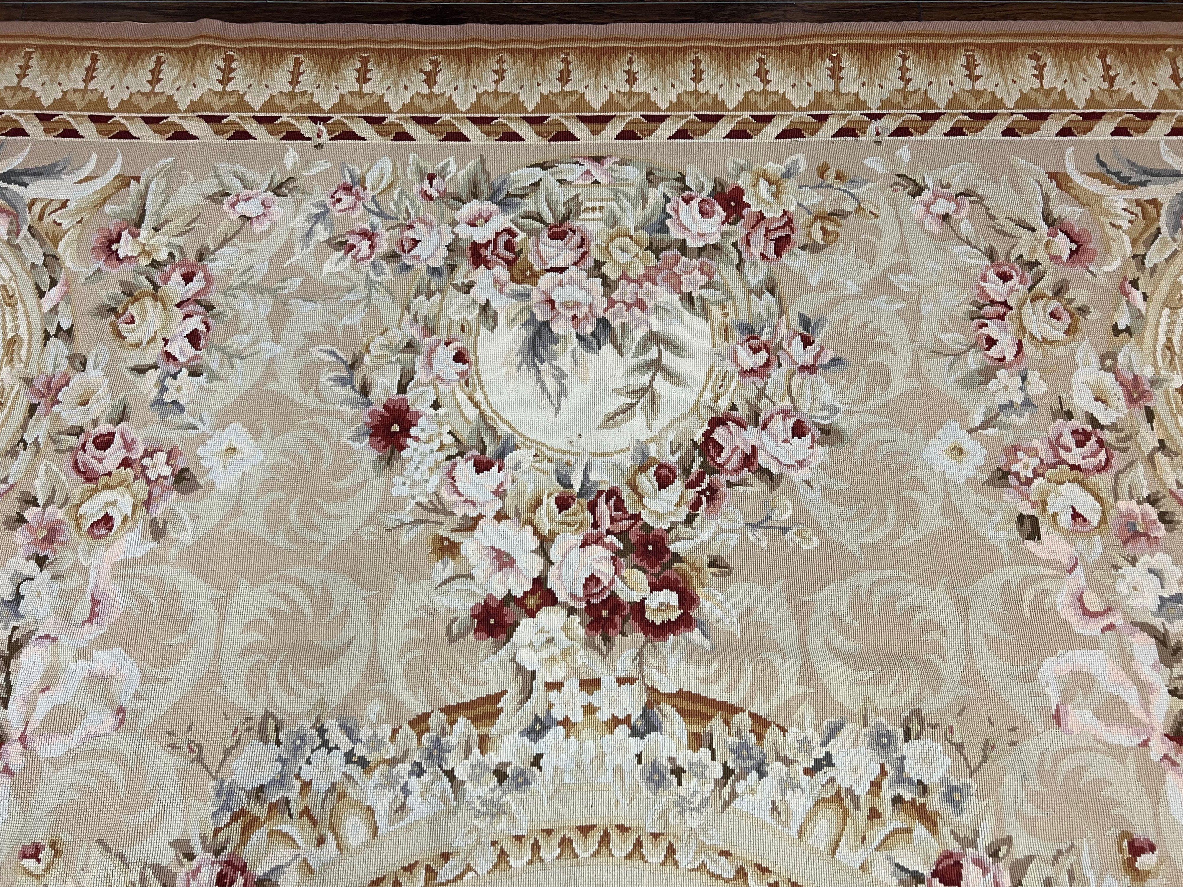 Aubusson Rug 9x12, Elegant Savonnerie Carpet 9 x 12 ft, Beige Ivory Tan, Floral, Flatweave Wool Handmade Area Rug 9 x 12 ft, European French