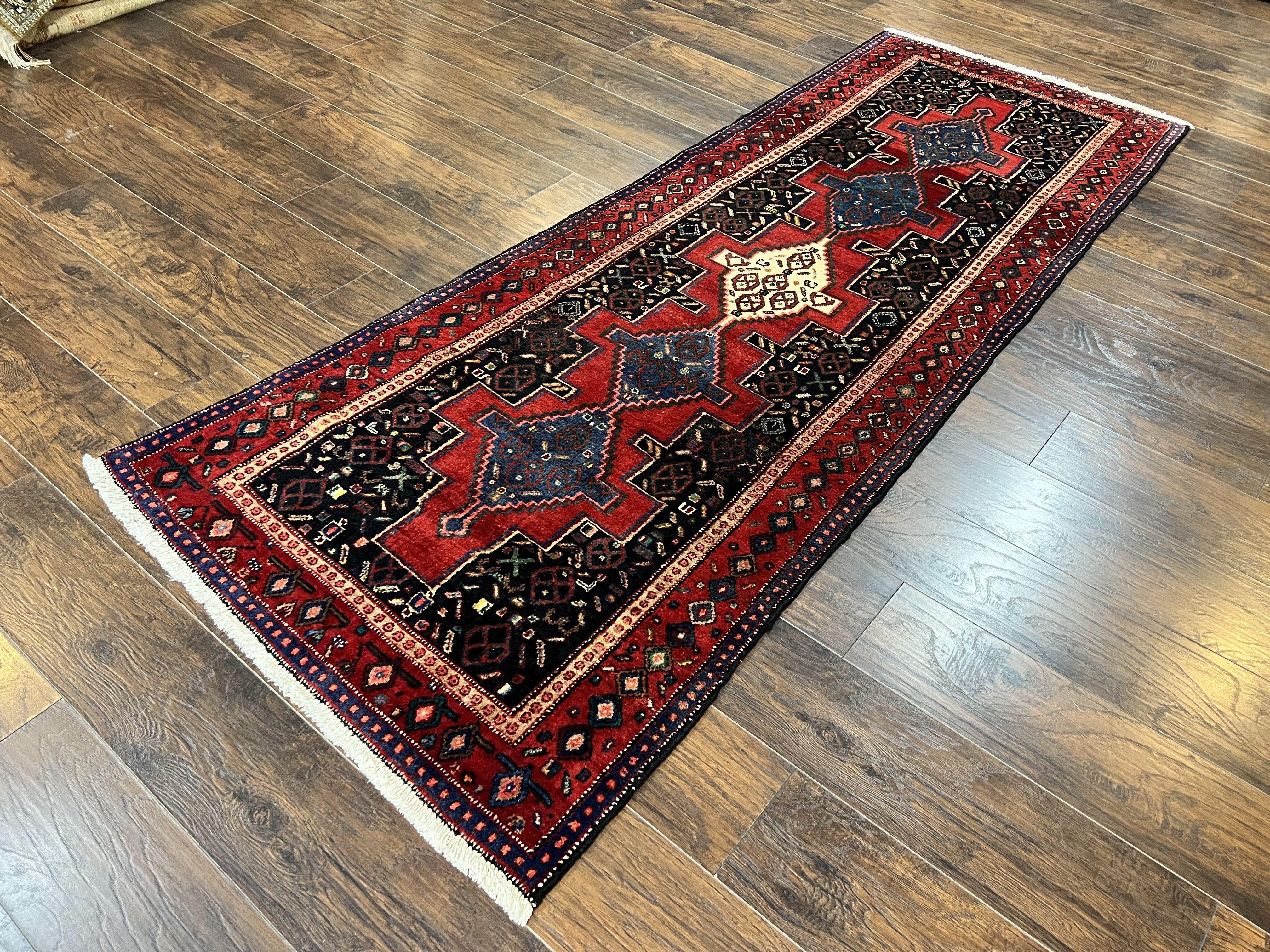 Persian Kurdish Senneh Runner Rug 3x9, Red Navy Blue, Medallions Wool Tribal Runner for Kitchen/Hallway 9ft Antique Handmade Oriental Runner
