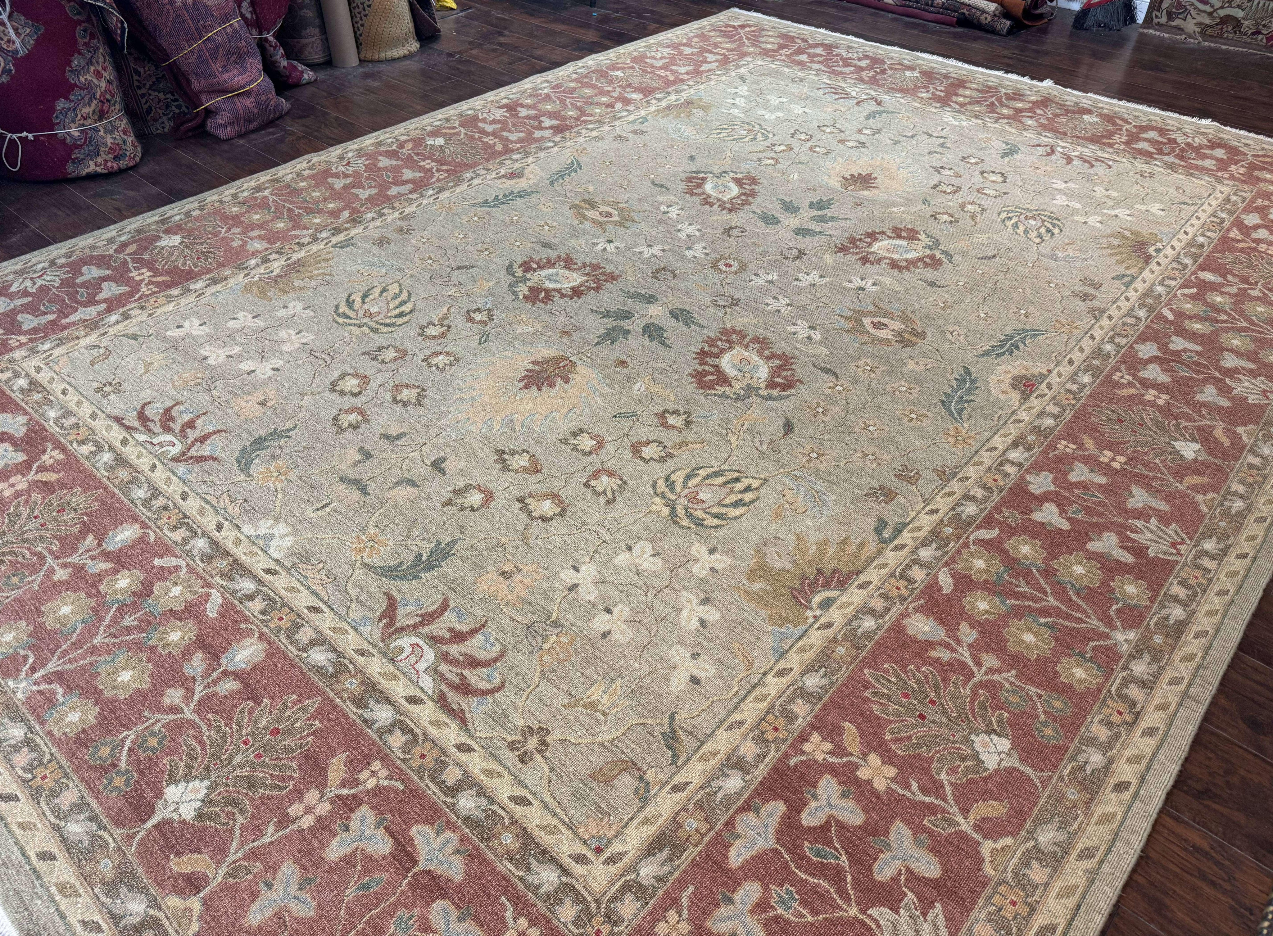 Large Turkish Soumak Rug 10x14, Flatweave Dhurrie, Handmade, Light Green and Salmon