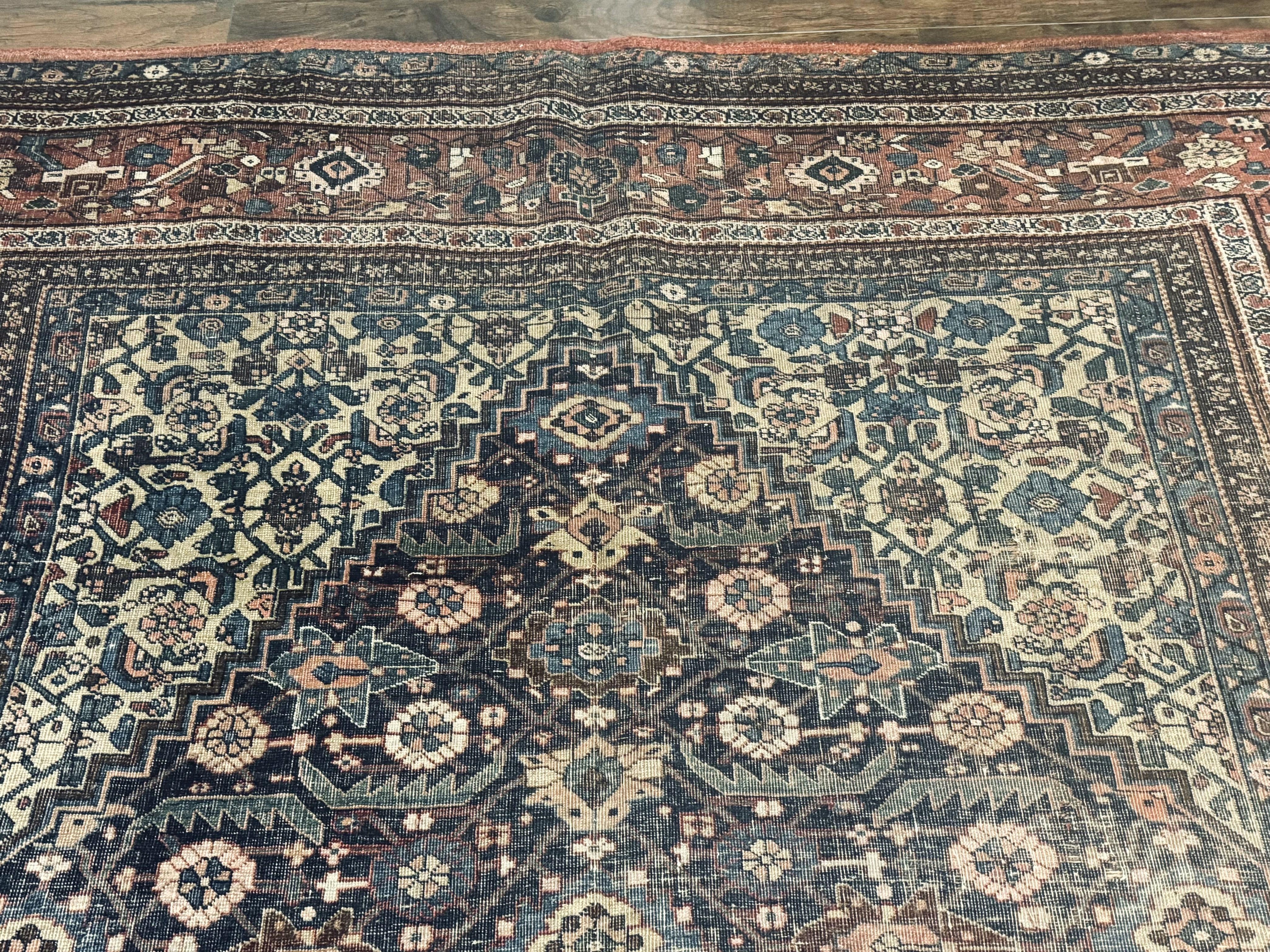 Antique Persian Bidjar Rug 8x15 – Navy Blue, Herati Pattern, Early 20th Century