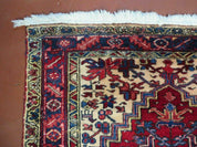 Persian Runner Rug, Heriz Runner Rug, Geometric Medallions, Red Cream Navy Blue Wool Hallway Rug 3.9 x 10.8 Antique Oriental Runner Handmade