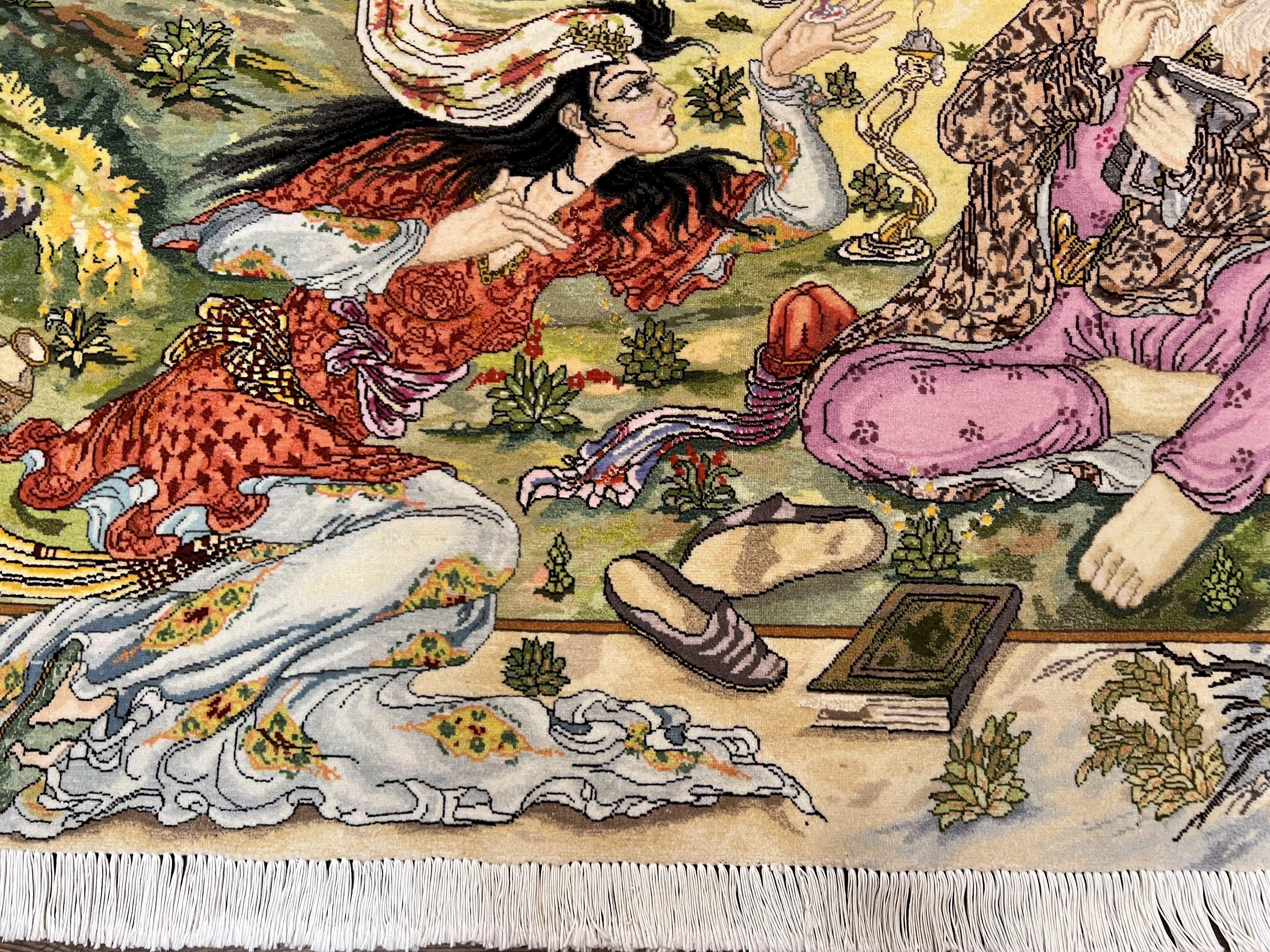 Persian Tabriz Pictorial Rug 5x3, Hafez Poetry In Border, Very Fine Hand Knotted Carpet, Wall Hanging Wool Oriental Carpet 3x5, Highly Detailed