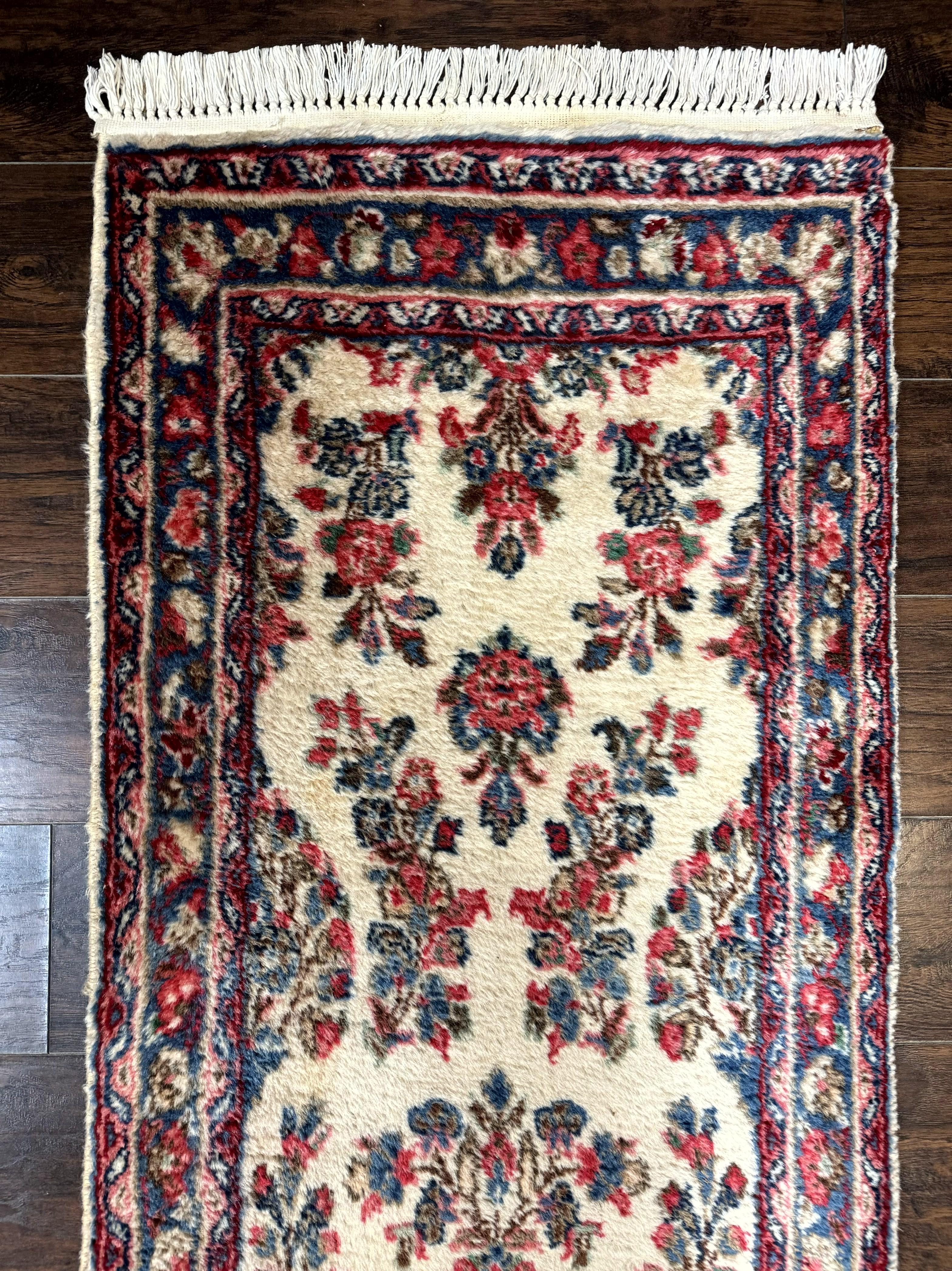 Persian Sarouk Runner Rug 2.4 x 21, Handmade Wool Floral Runner Rug for Hallway, 21ft Runner, Ivory