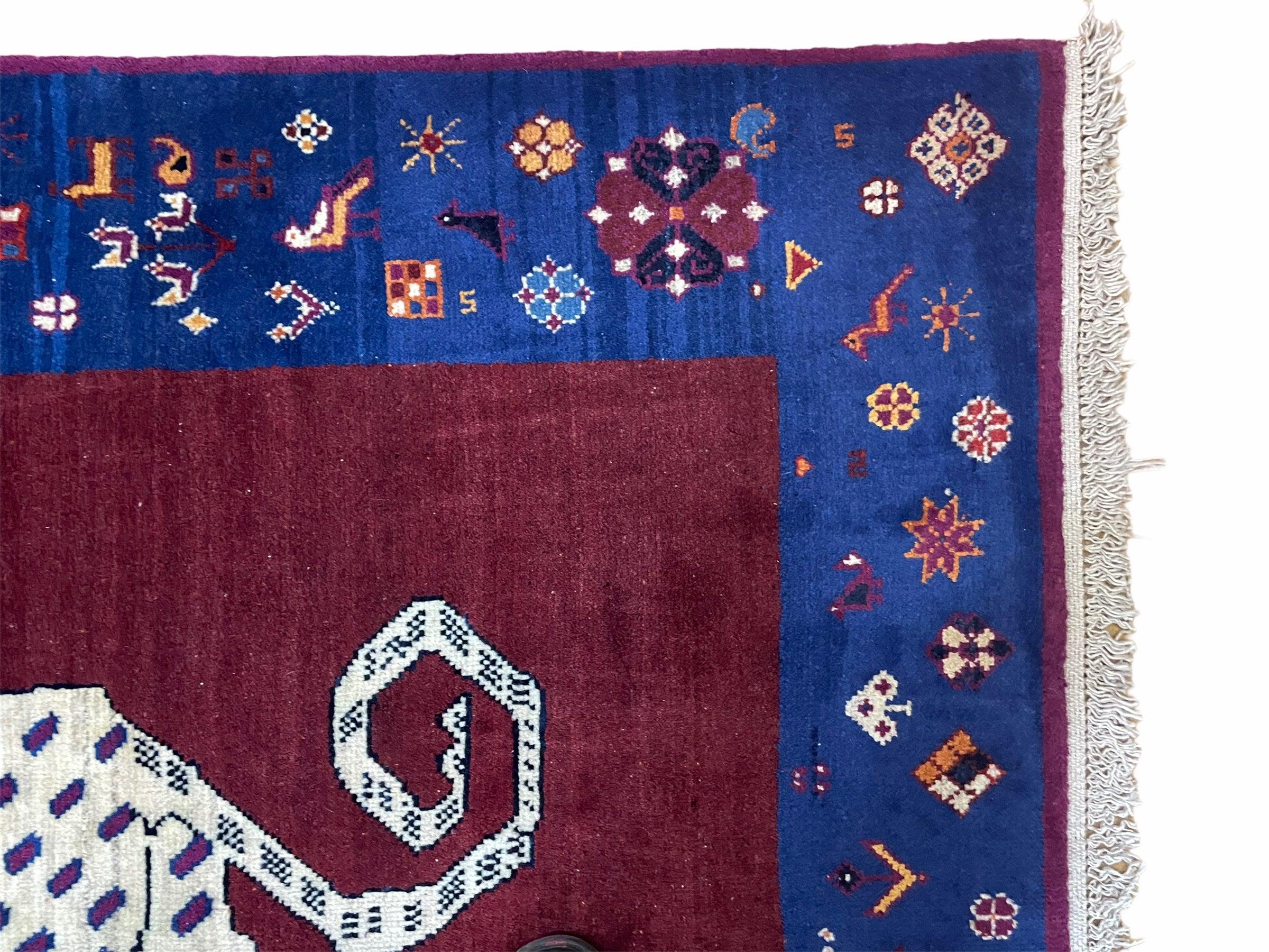 5 X 7 Handmade Zagros Wool Rug Snow White Panther Maroon Blue Organic Dyes