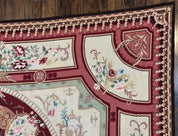 Needlepoint Rug 7.9 x 9, Beige Maroon Rose, Handmade Handwoven Flatweave Aubusson Savonnerie French European Elegant Carpet, Wool Rug