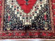 Persian Rug 5x12 ft, Red Cream Navy Blue, Pictorials, Hand Knotted Handmade Wide Runner Tribal Bidjar Semi Antique Wool Geometric Oriental Rug