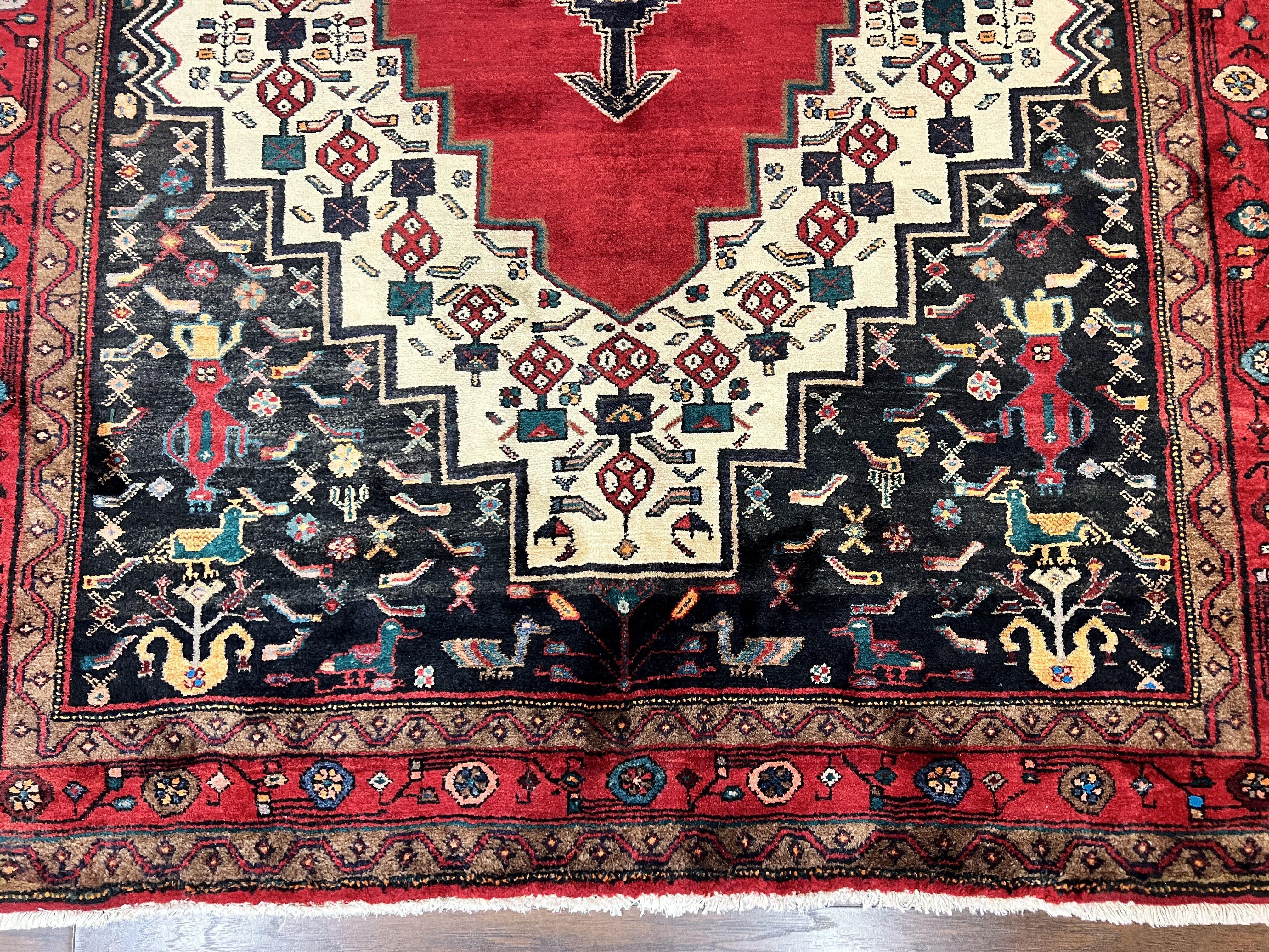 Persian Rug 5x12 ft, Red Cream Navy Blue, Pictorials, Hand Knotted Handmade Wide Runner Tribal Bidjar Semi Antique Wool Geometric Oriental Rug