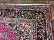 Persian Rug 10x13, Wool Hand Knotted Antique Kashmar Carpet, Raspberry Red & Navy Blue, Floral Medallion, Traditional Oriental Rug 10 x 13