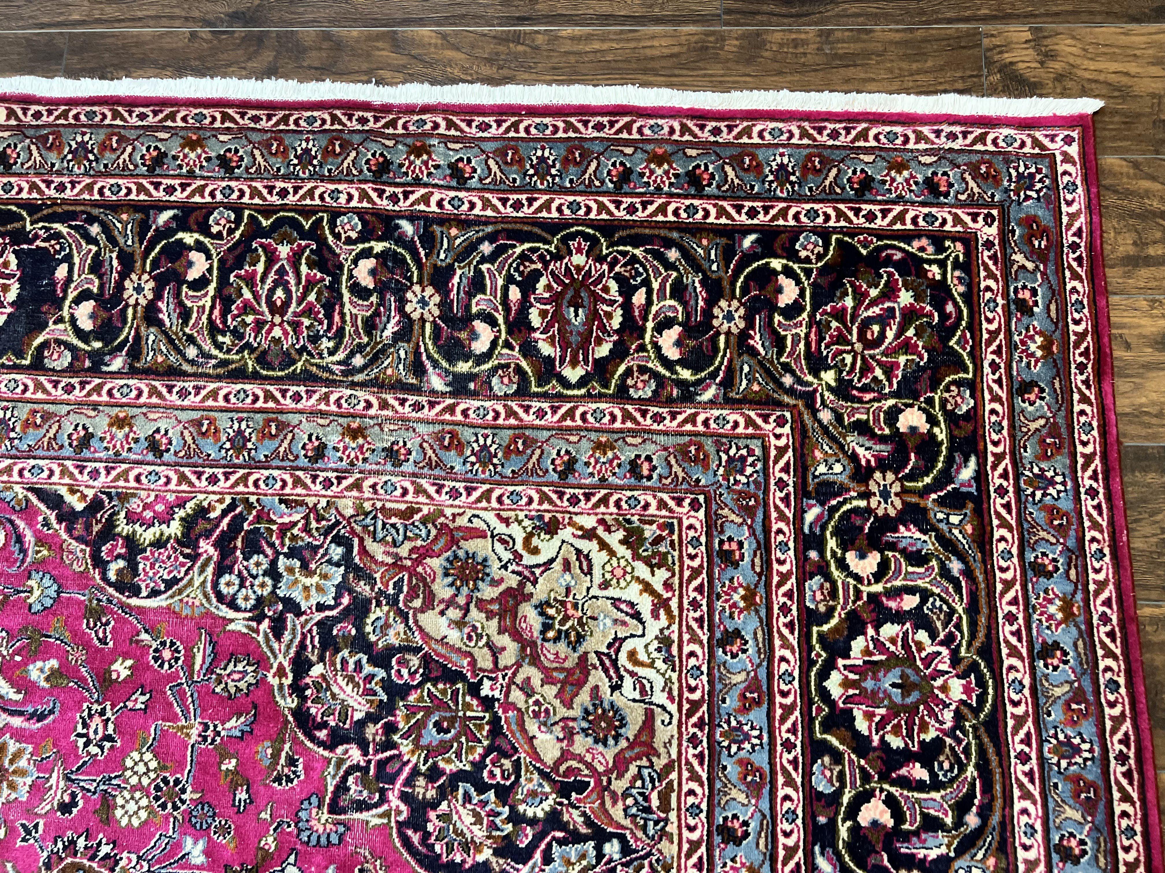 Persian Rug 10x13, Wool Hand Knotted Antique Kashmar Carpet, Raspberry Red & Navy Blue, Floral Medallion, Traditional Oriental Rug 10 x 13