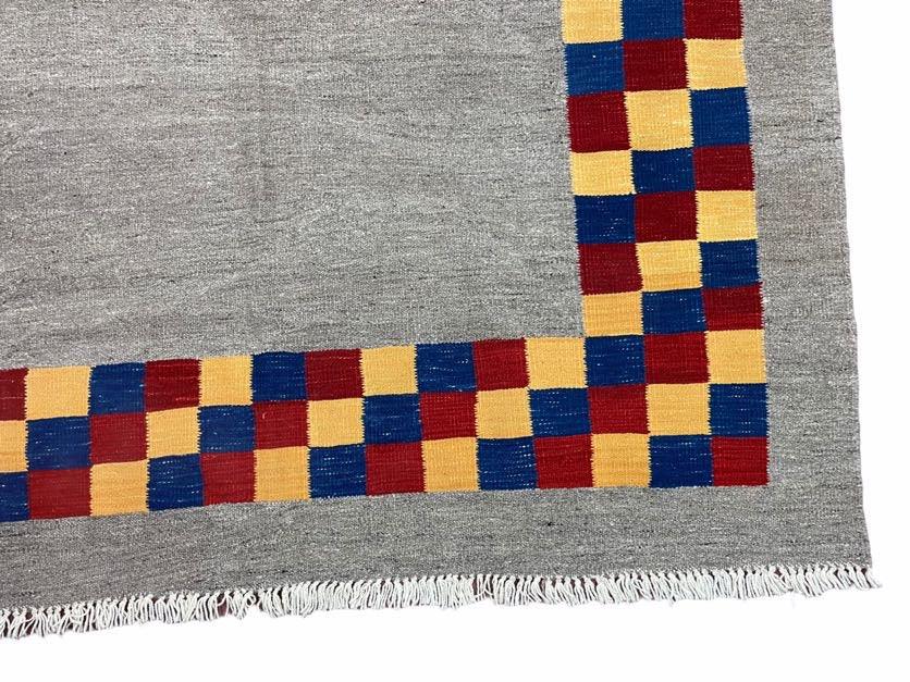 Gray Kilim Carpet, Yellow, Red, Blue Checkerboard Pattern, Flatweave, New, Geometric, Hand-Knotted, Wool, Turkish Area Rug, 5' 9" x 7' 9"