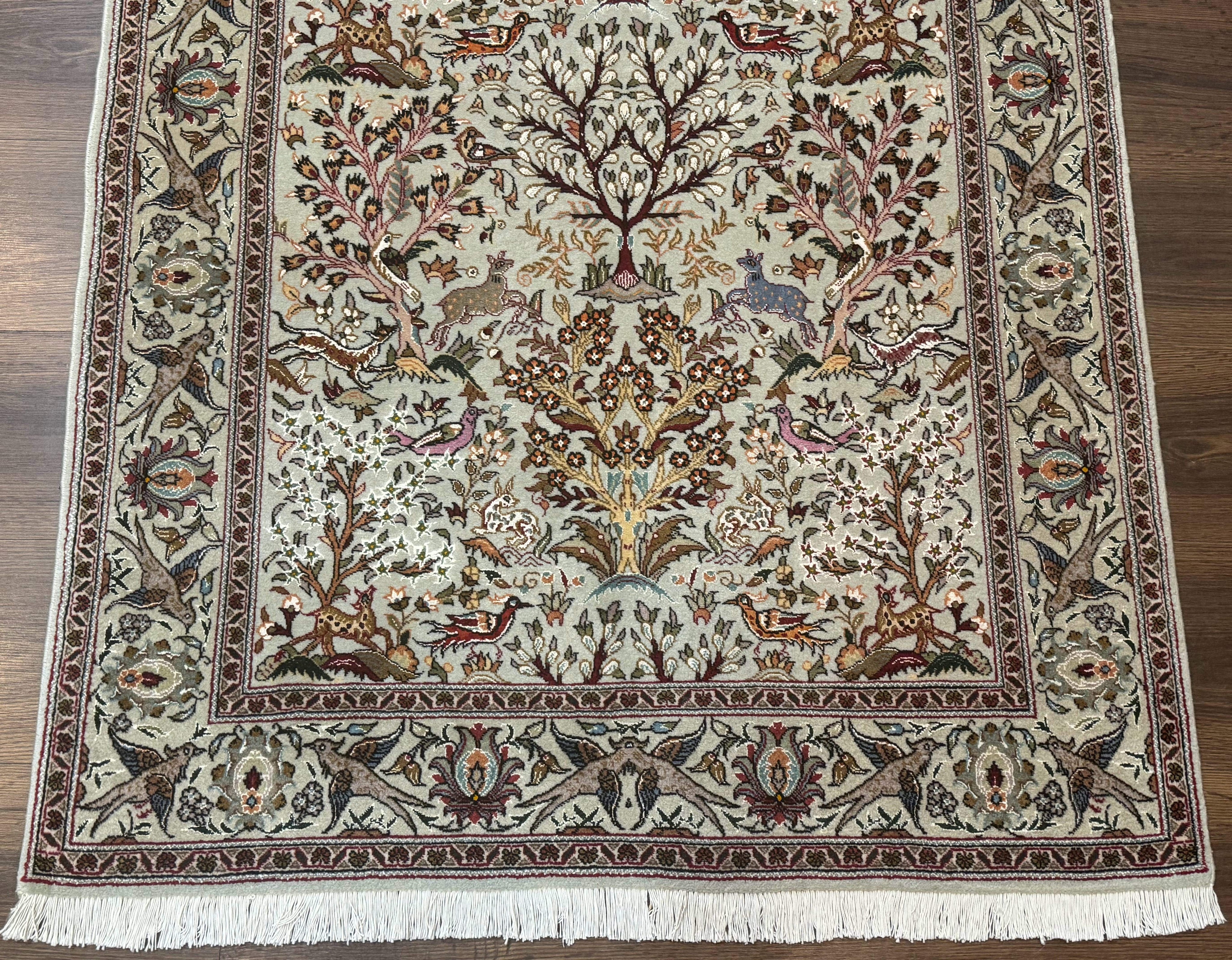 Wonderful Persian Tabriz Rug 3x5, Tree of Life, Animal Pictorials, Birds, Wool & Silk Highlights, Fine 330 KPSI