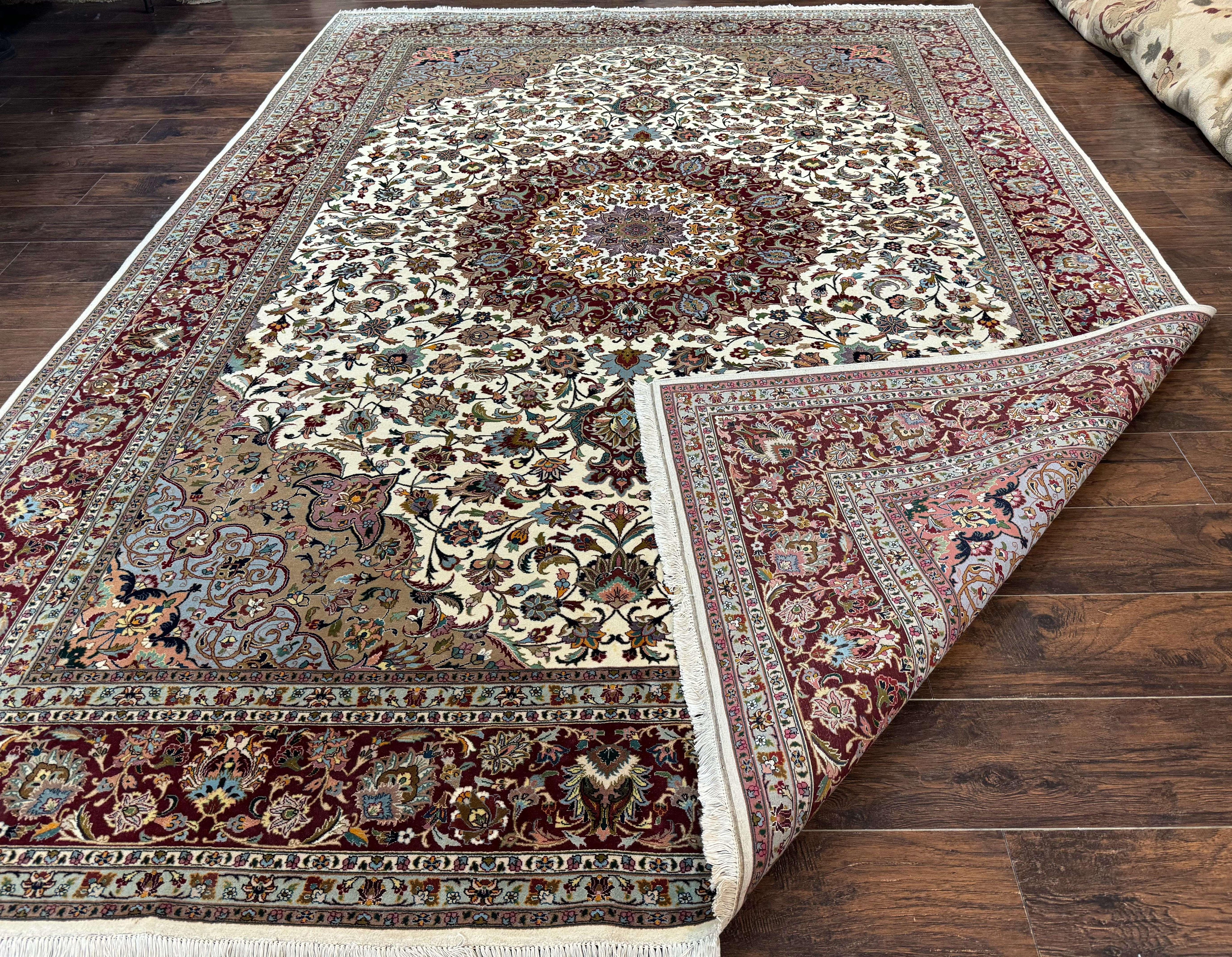 Persian Tabriz Rug 8x11, Floral Medallion Traditional Area Rug, Fine 300 KPSI, Ivory Maroon
