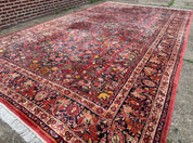 Large Antique Persian Sarouk Rug 11x18, Red, Floral Allover, Palace Size Wool Handmade Carpet