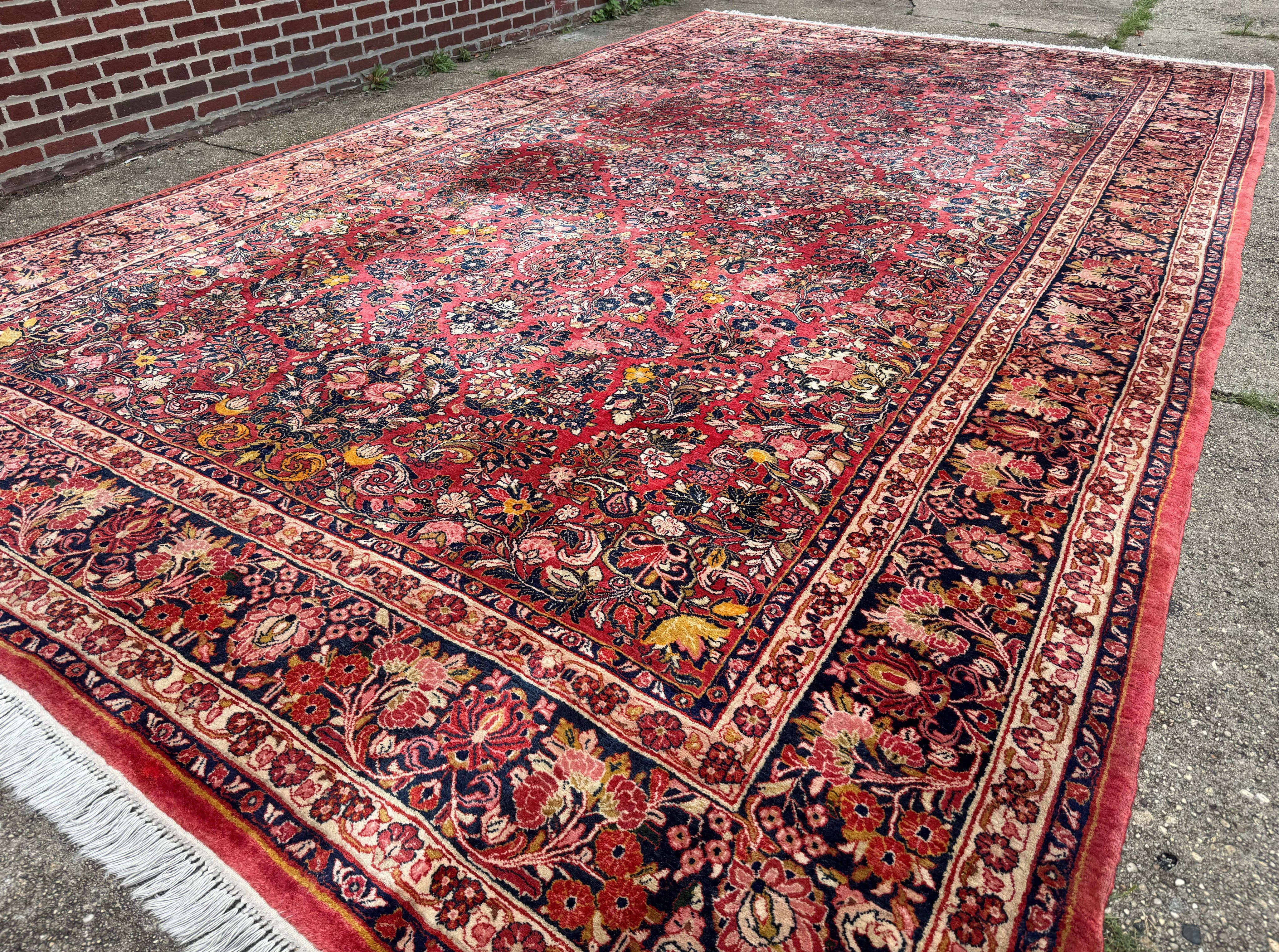 Large Antique Persian Sarouk Rug 11x18, Red, Floral Allover, Palace Size Wool Handmade Carpet