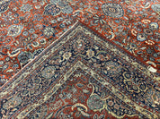 Persian Sarouk Rug 9x12, Red and Dark Blue Floral Allover Antique Persian Carpet, Handmade Wool Qazvin Rug